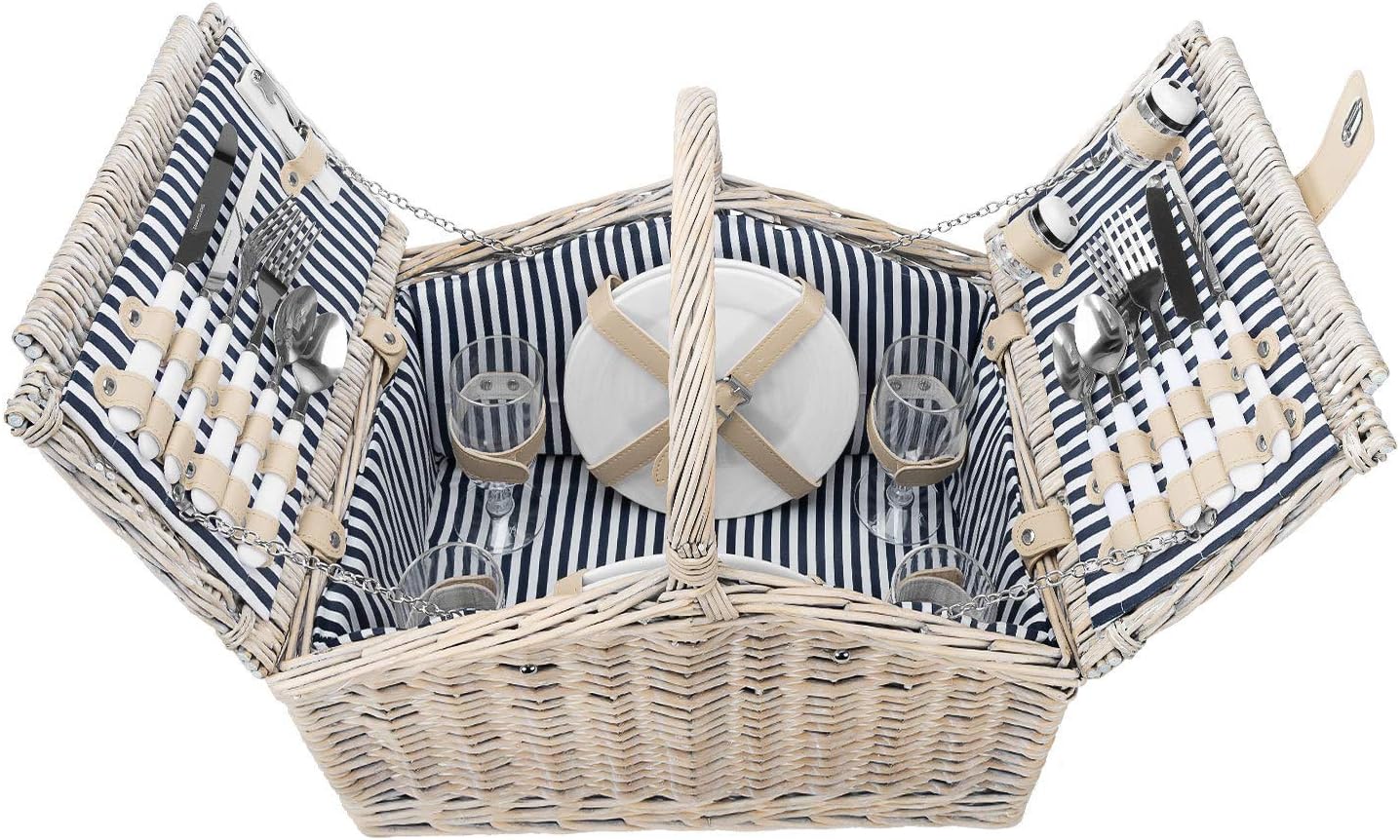 4 Personen Picknickkorb, 23-teilig, Beige - Blau Weiss