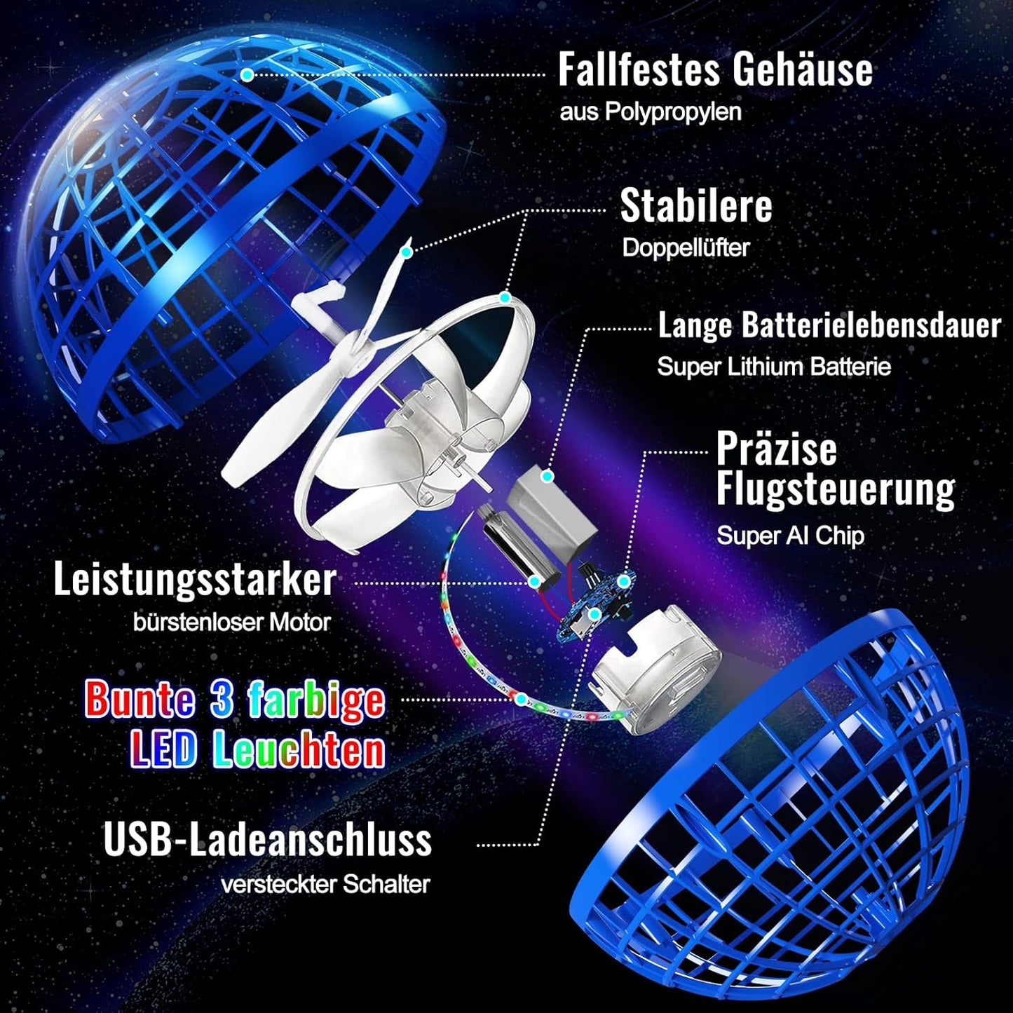 Fliegender Boomerang-Ball mit LED für Kinder ab 6 Jahren, 2 Azul