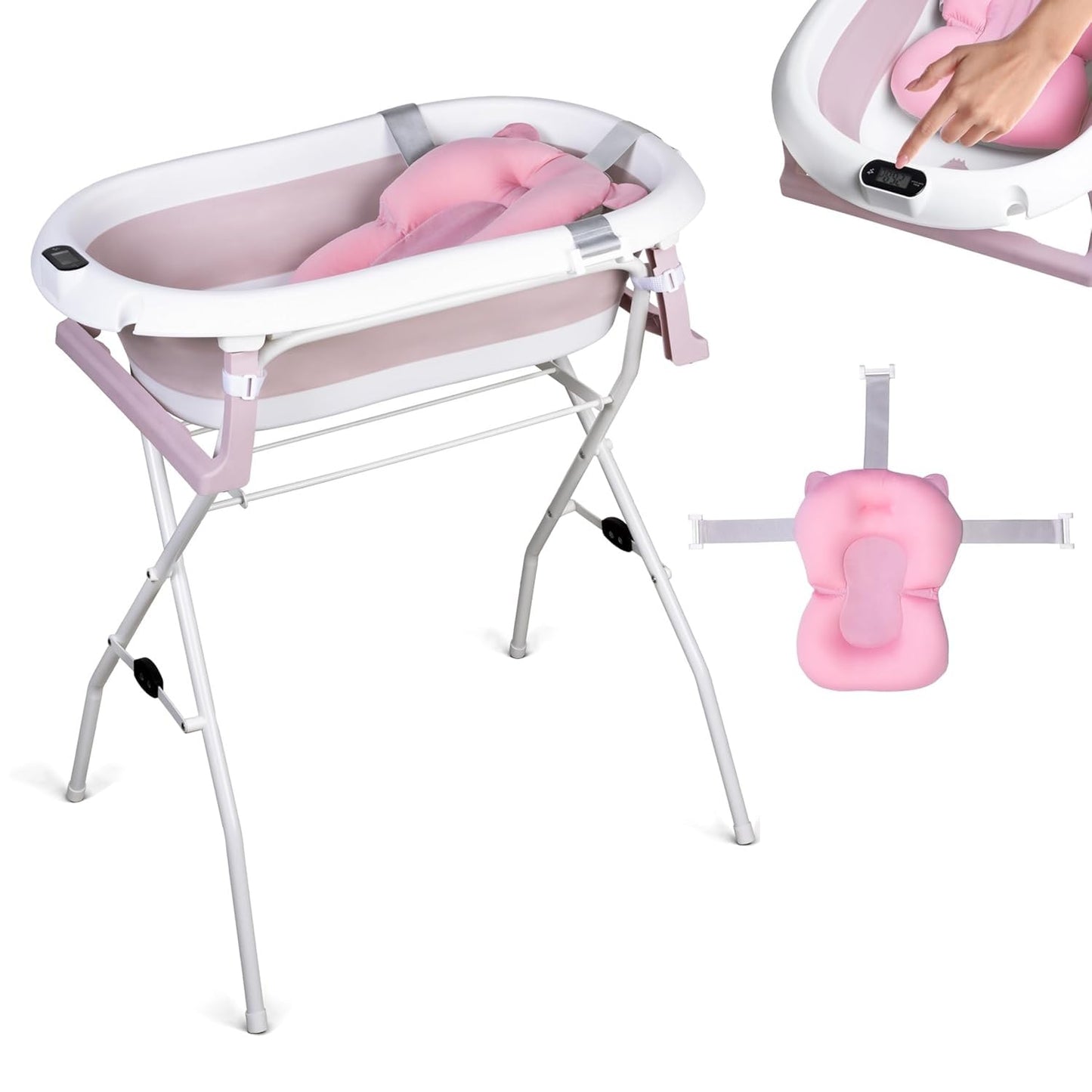 Faltbare Babybadewanne mit Ständer und Thermometer, Rosa 84,5cm Höhe - mit Ständer