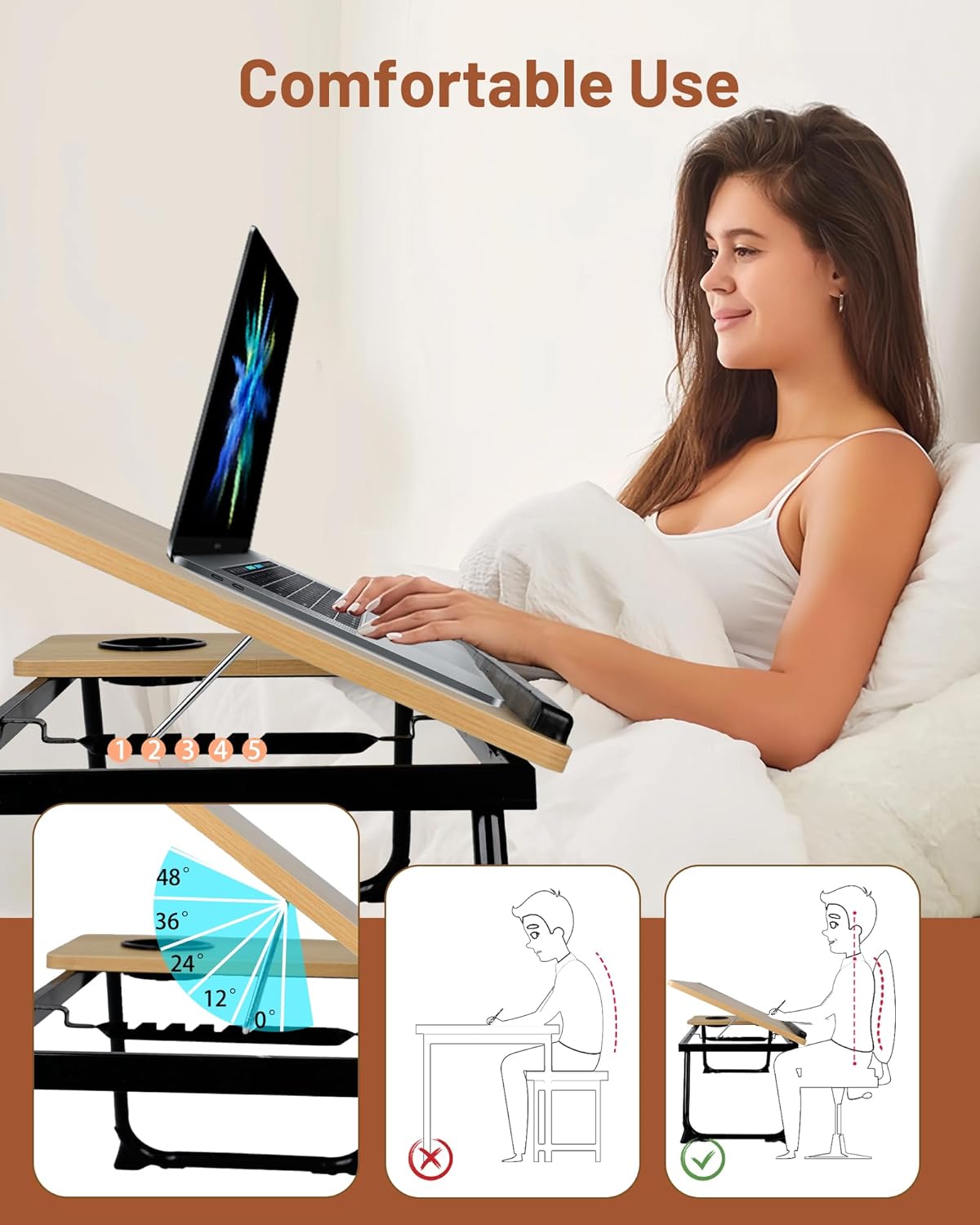 Verstellbarer Laptoptisch mit Getränkehalter, Holzfarbe