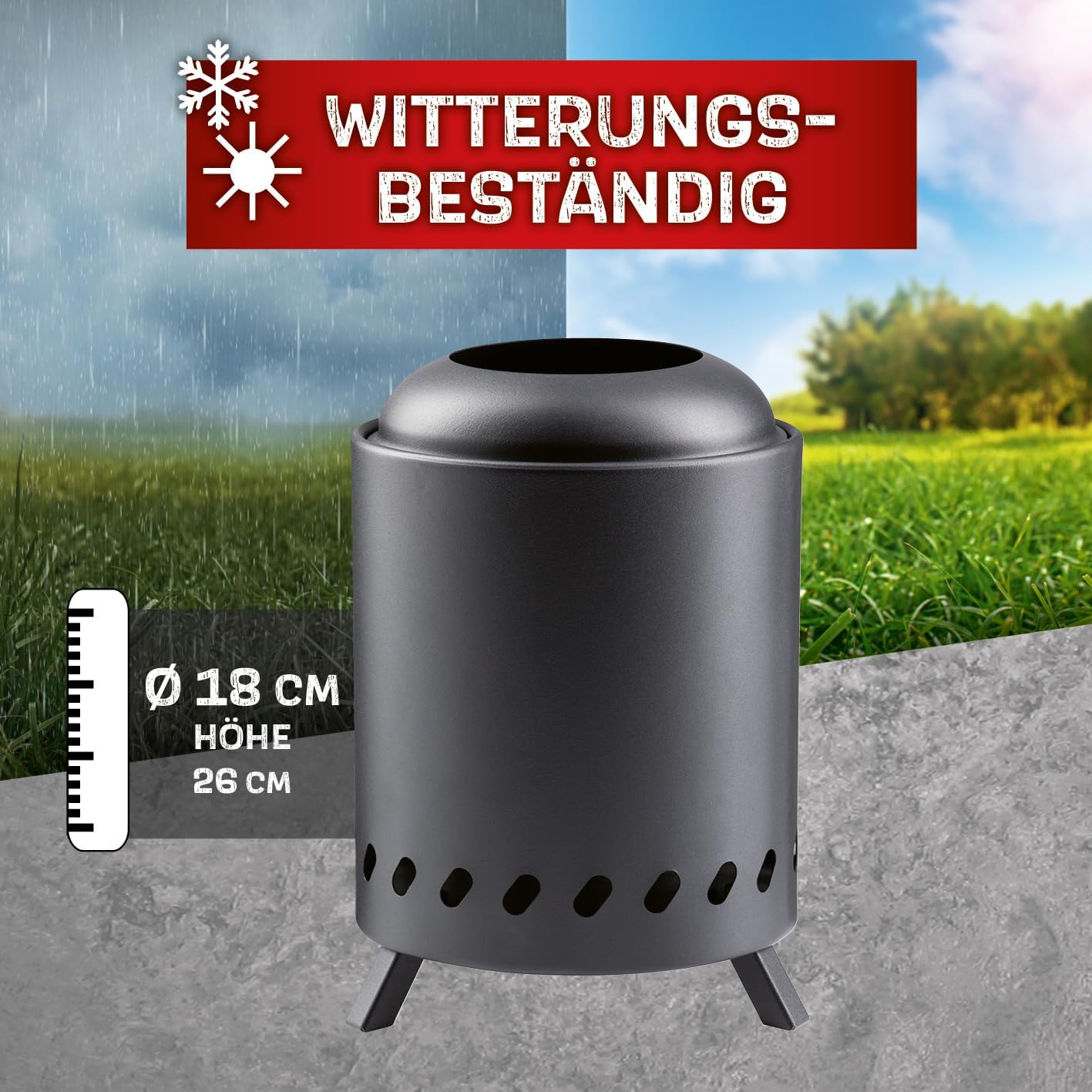 Rauchfreie Feuerschale für Garten & Camping, Höhe 26 cm