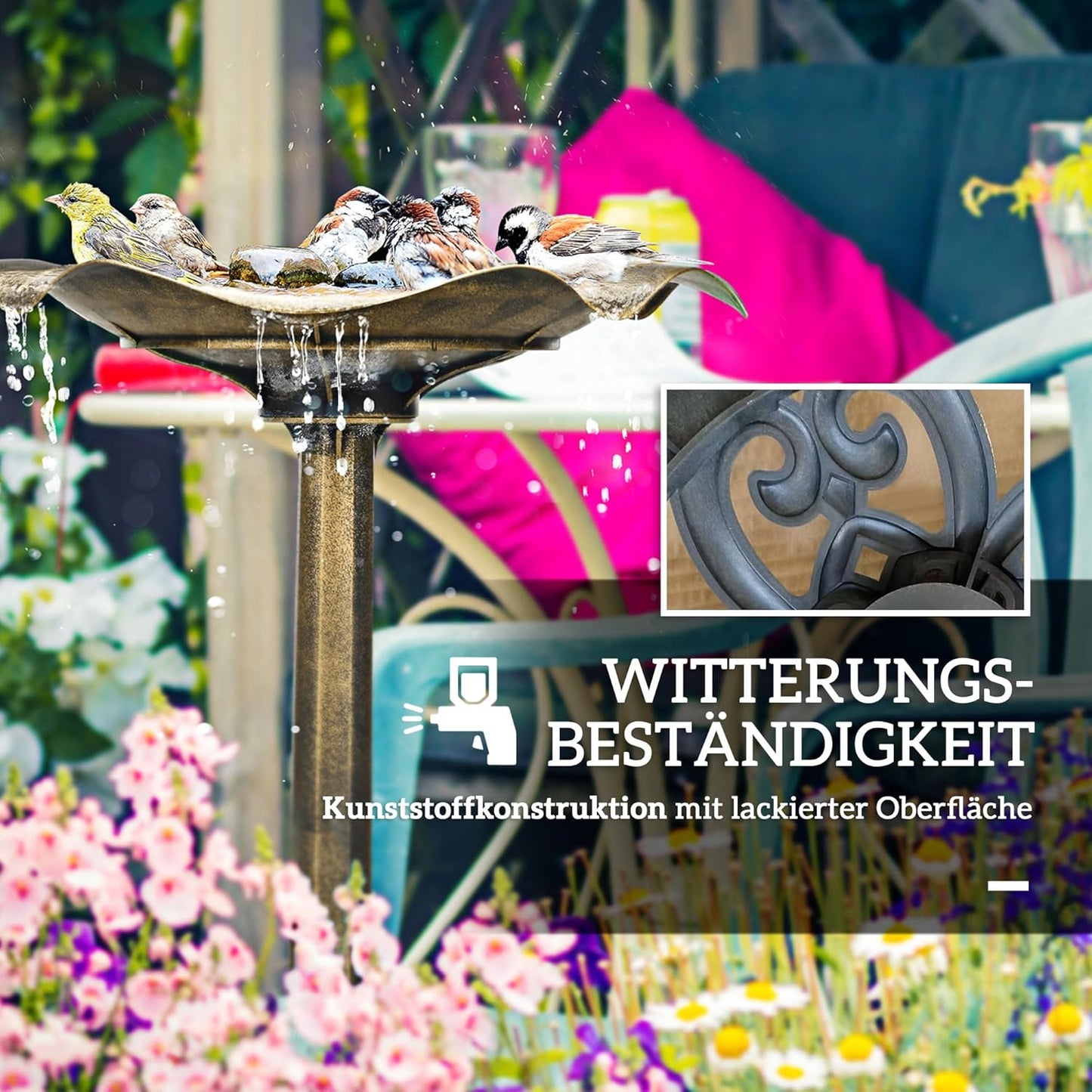 Vogeltränke mit Blattdesign und Ornamentfuss