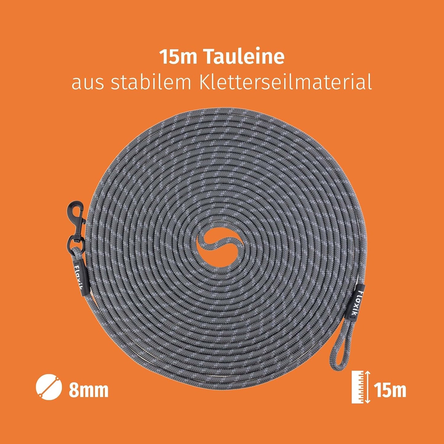 Reflektierende Hundeschleppleine mit Handschlaufe, 15m / Grau
