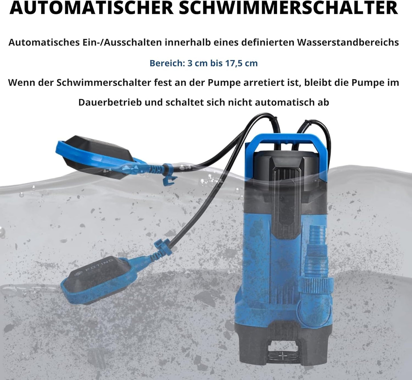 Schmutzwassertauchpumpe mit Schwimmerschalter, Blau + Schwarz