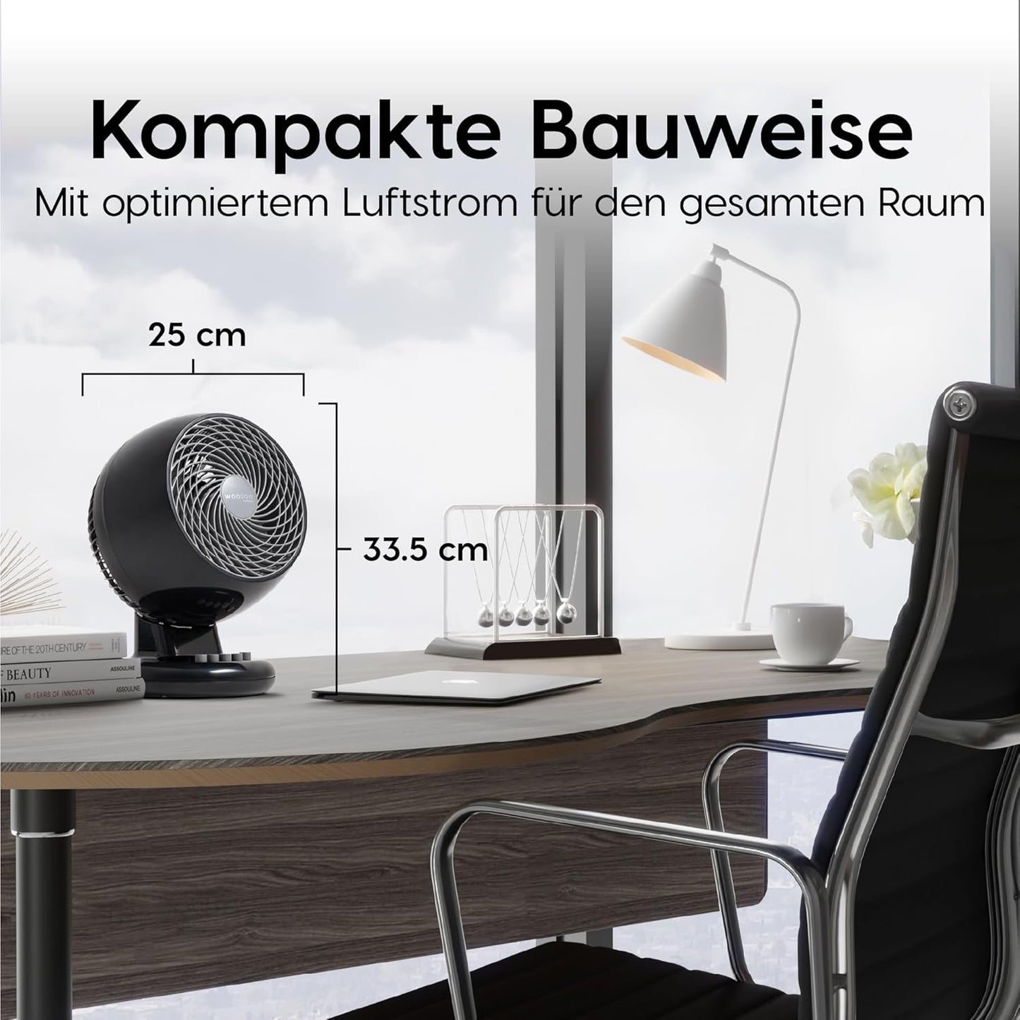 Woozoo PCF-M18 - Leiser Tischventilator mit Oszillation und Neigung, Schwarz Oszillierend/Globus