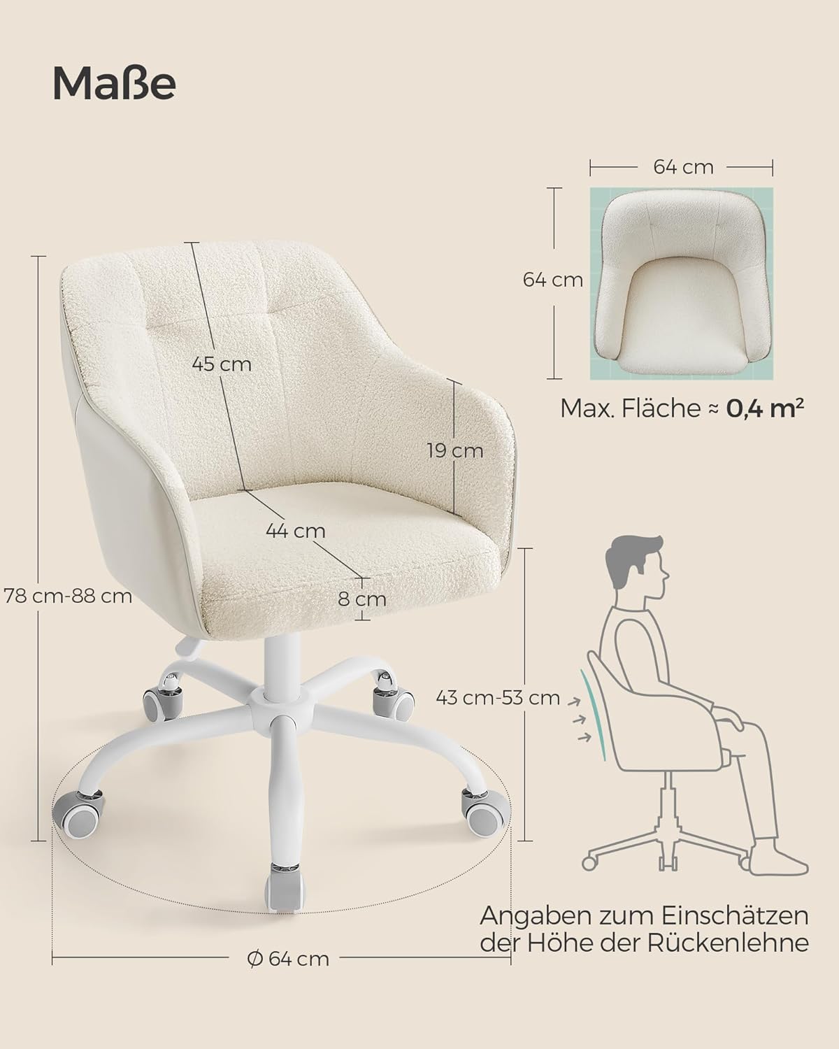 Höhenverstellbarer Schreibtischstuhl, Cappuccinobeige / Sherpa-Stoff + PU