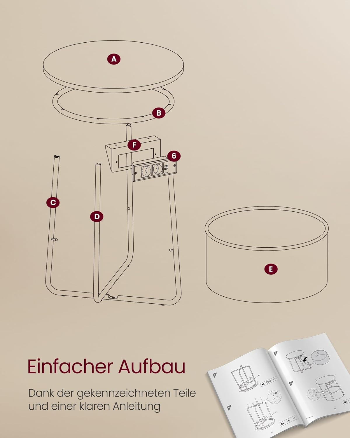 Runder Beistelltisch mit Steckdose und Stauraum, Mattweiss + Kamelbraun