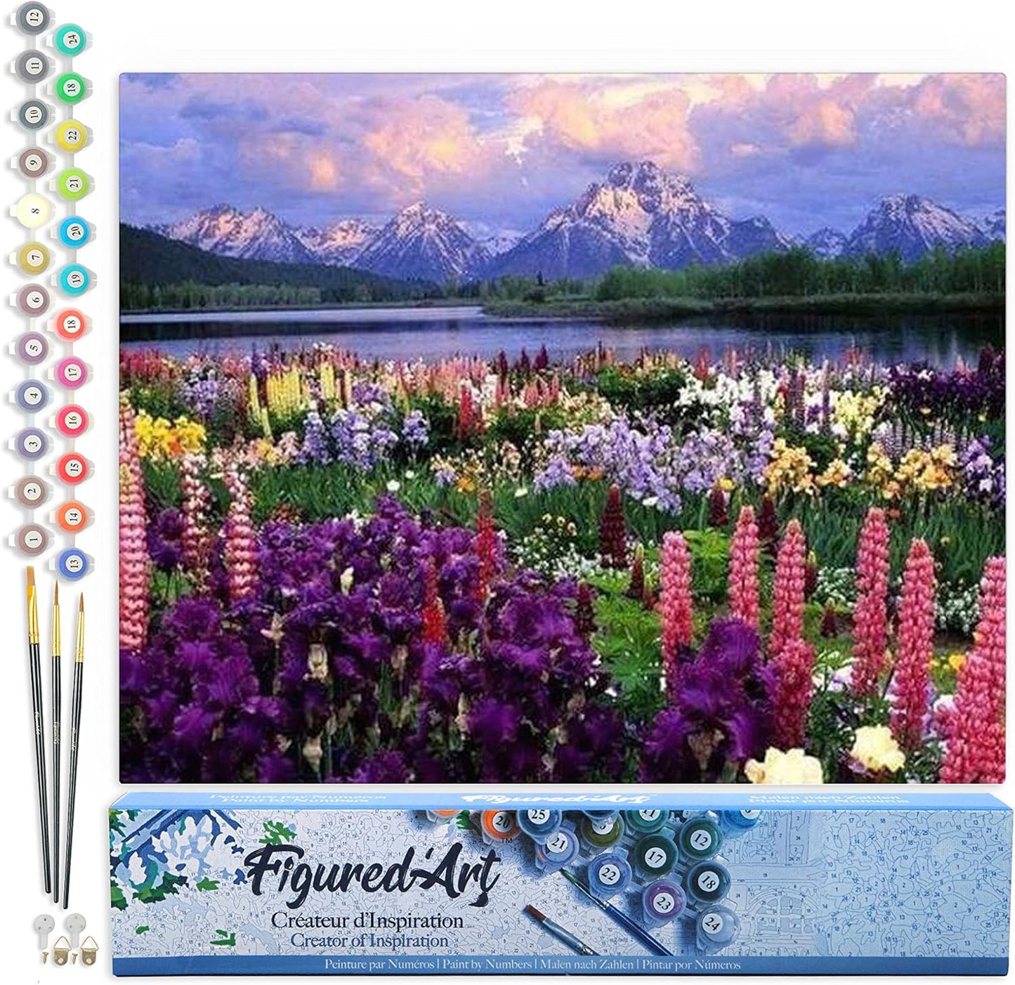 Malen-nach-Zahlen-Set - Blumen und See am Fusse des Berges, Blumen und See am Fuße des Berges 40x50cm (Ohne Rahmen)