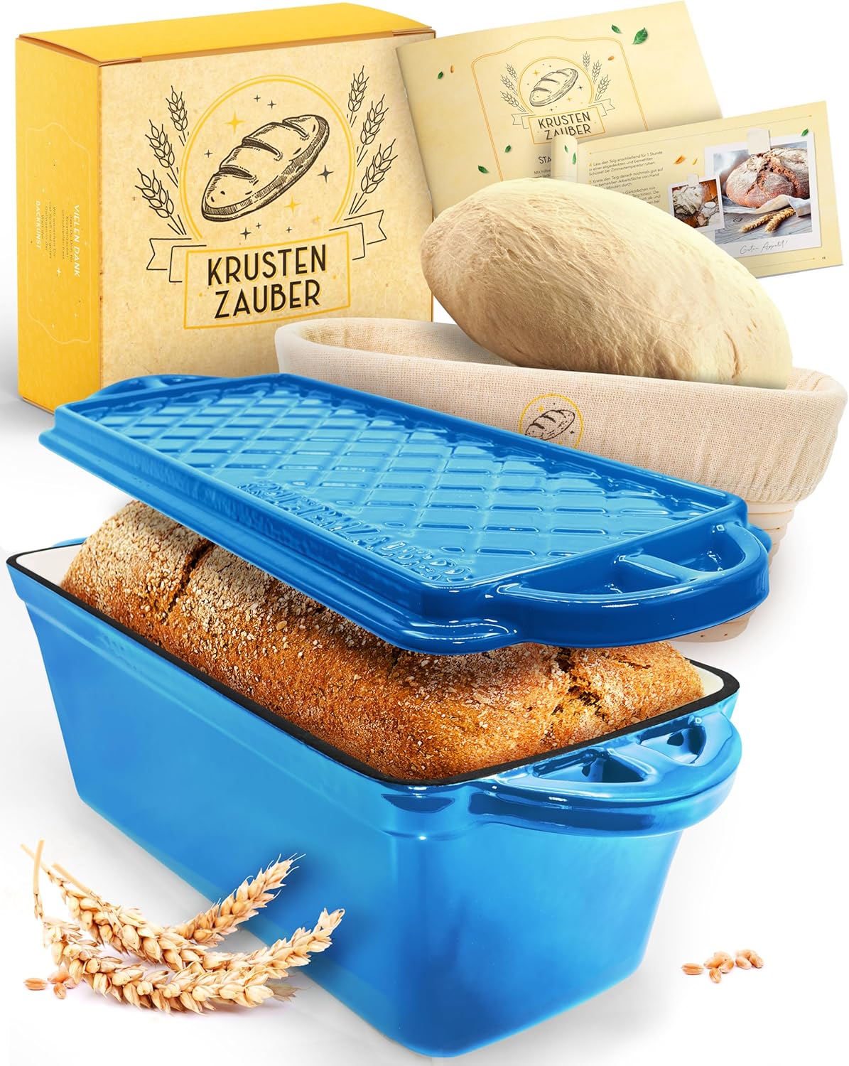 Brotbackfrom mit Deckel inkl. Gärkorb, Blau Kastenform
