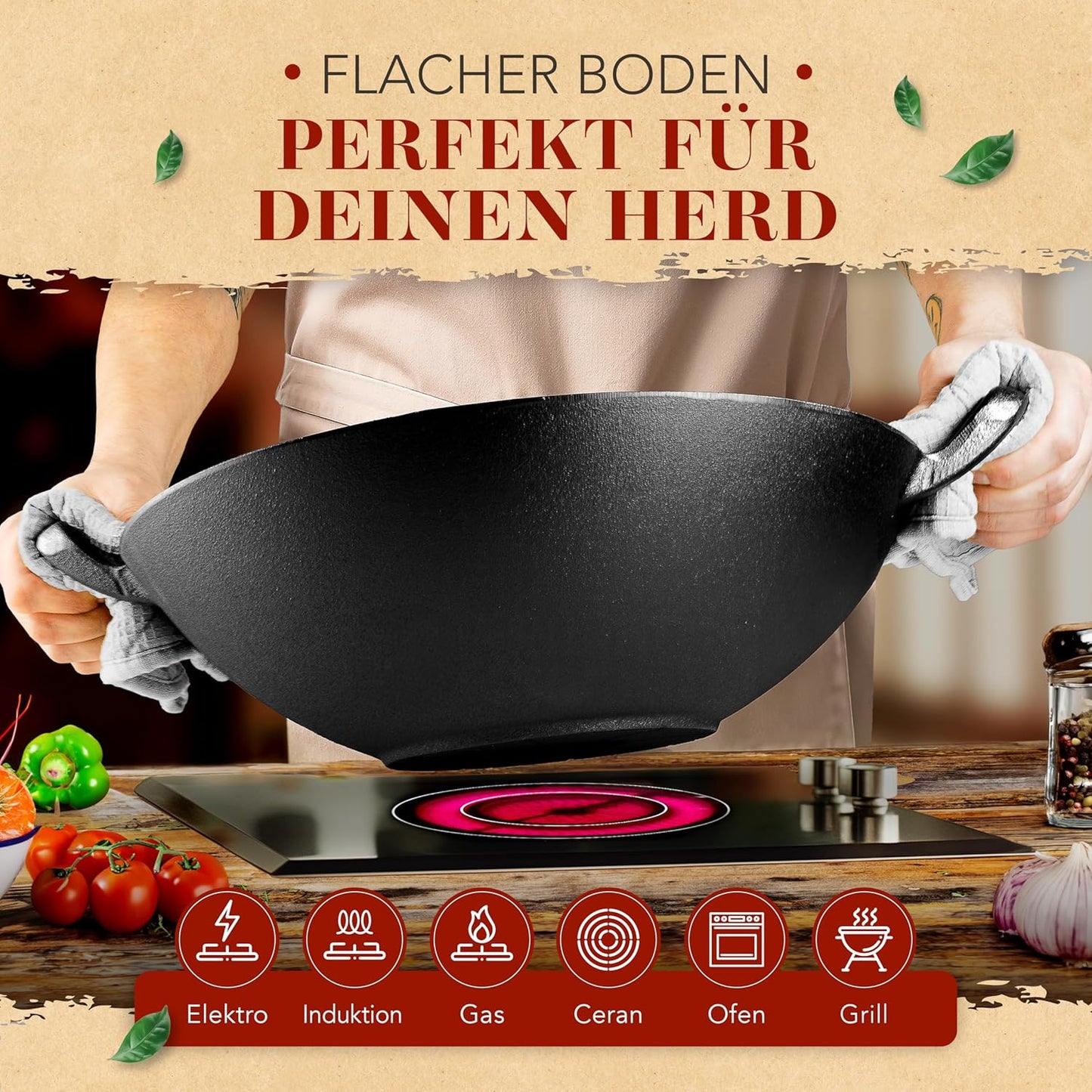 Wokpfanne mit Wokkelle, Induktionsgeeignet, 36cm Gusseisen