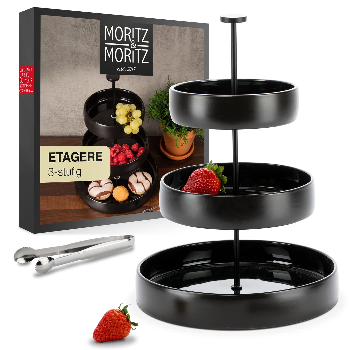 Obst-Etagere 3-stöckig aus Steinzeug mit Zange