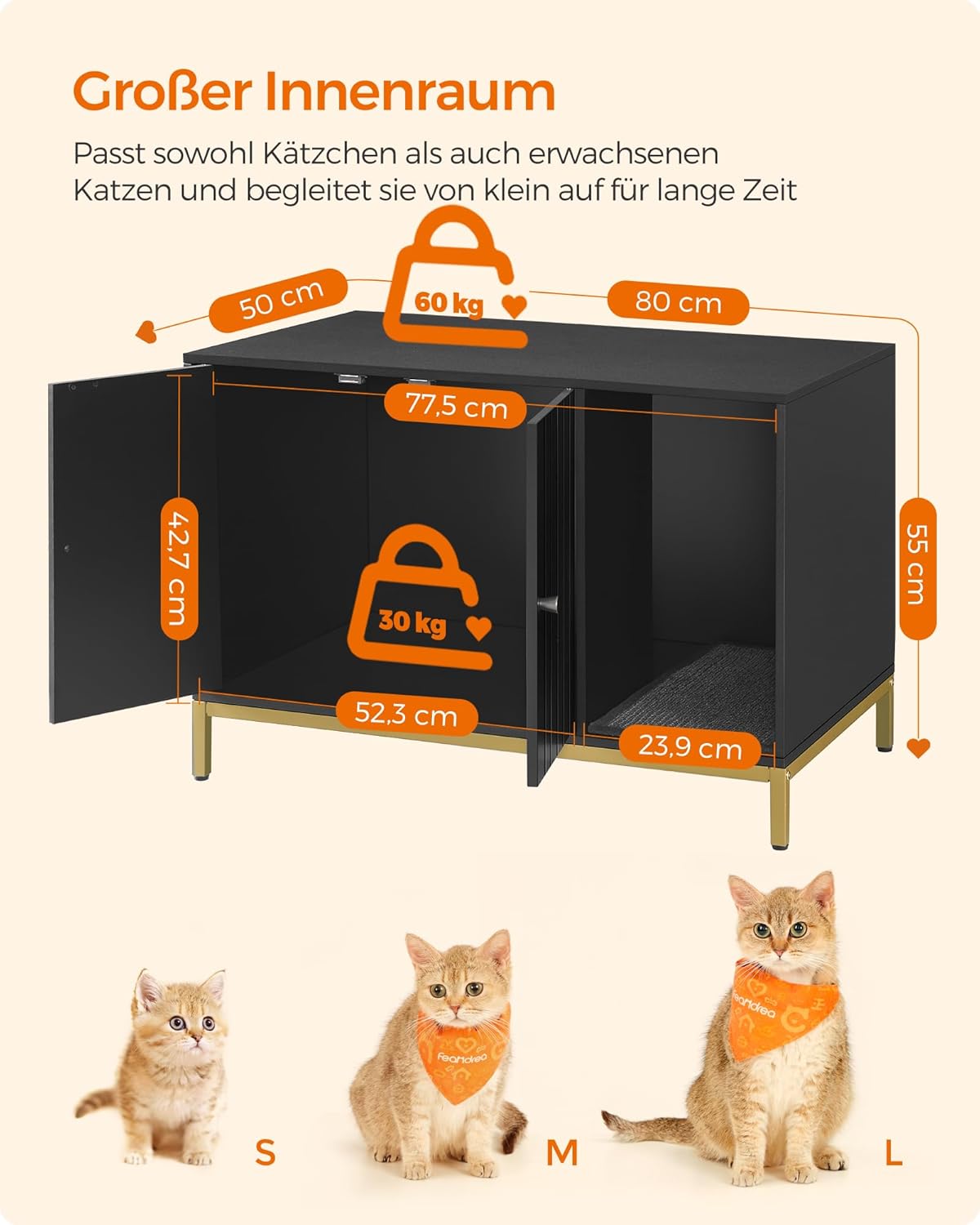 Katzenklo-Schrank PCL007B01 mit Kratzmatte und Beistelltischfunktion, 80 x 50 x 55 cm Schwarz + Goldfarben