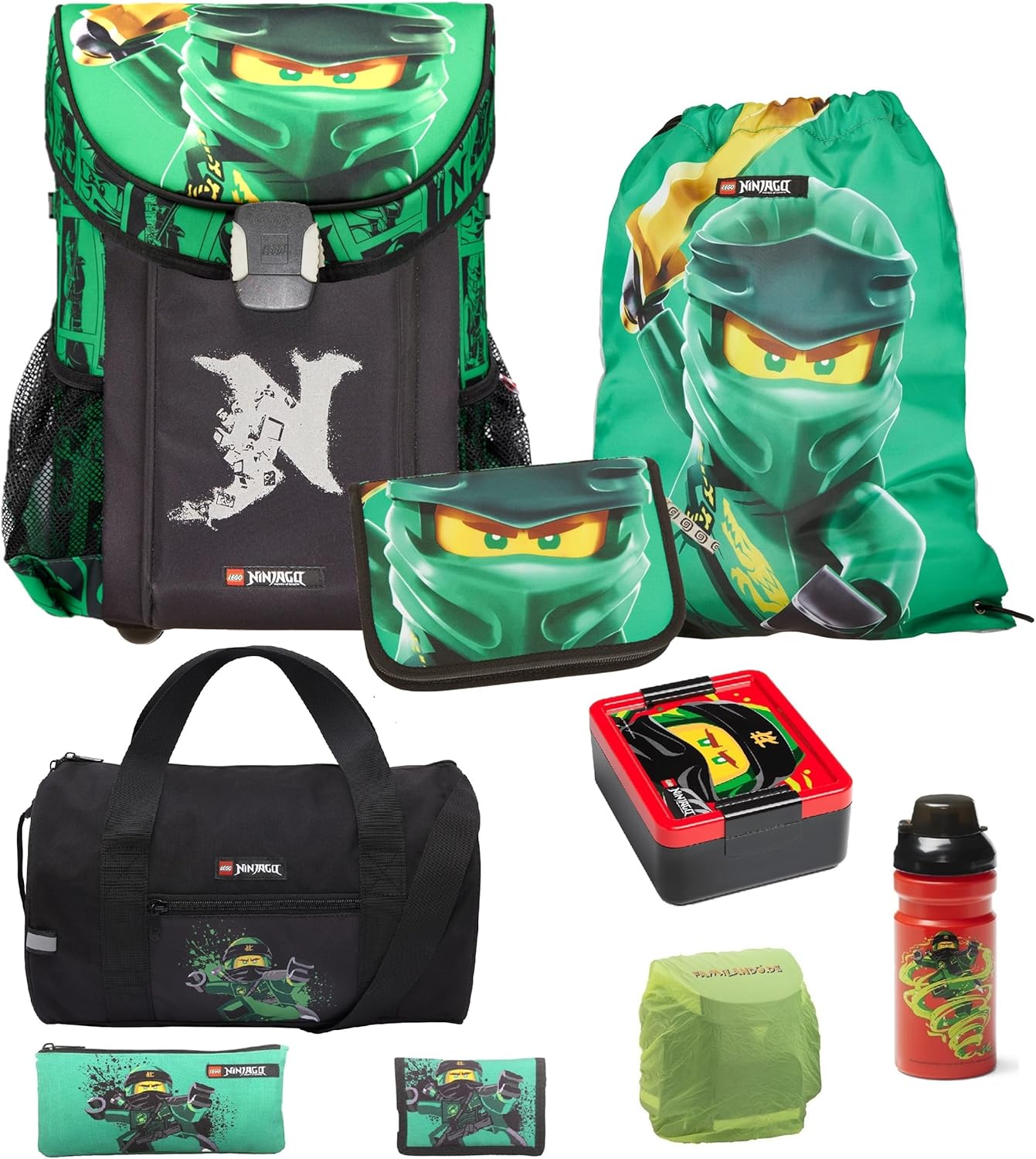 9-teiliges Schulranzen-Set Ninjago, Grün, 9-teiliges Set mit Sporttasche