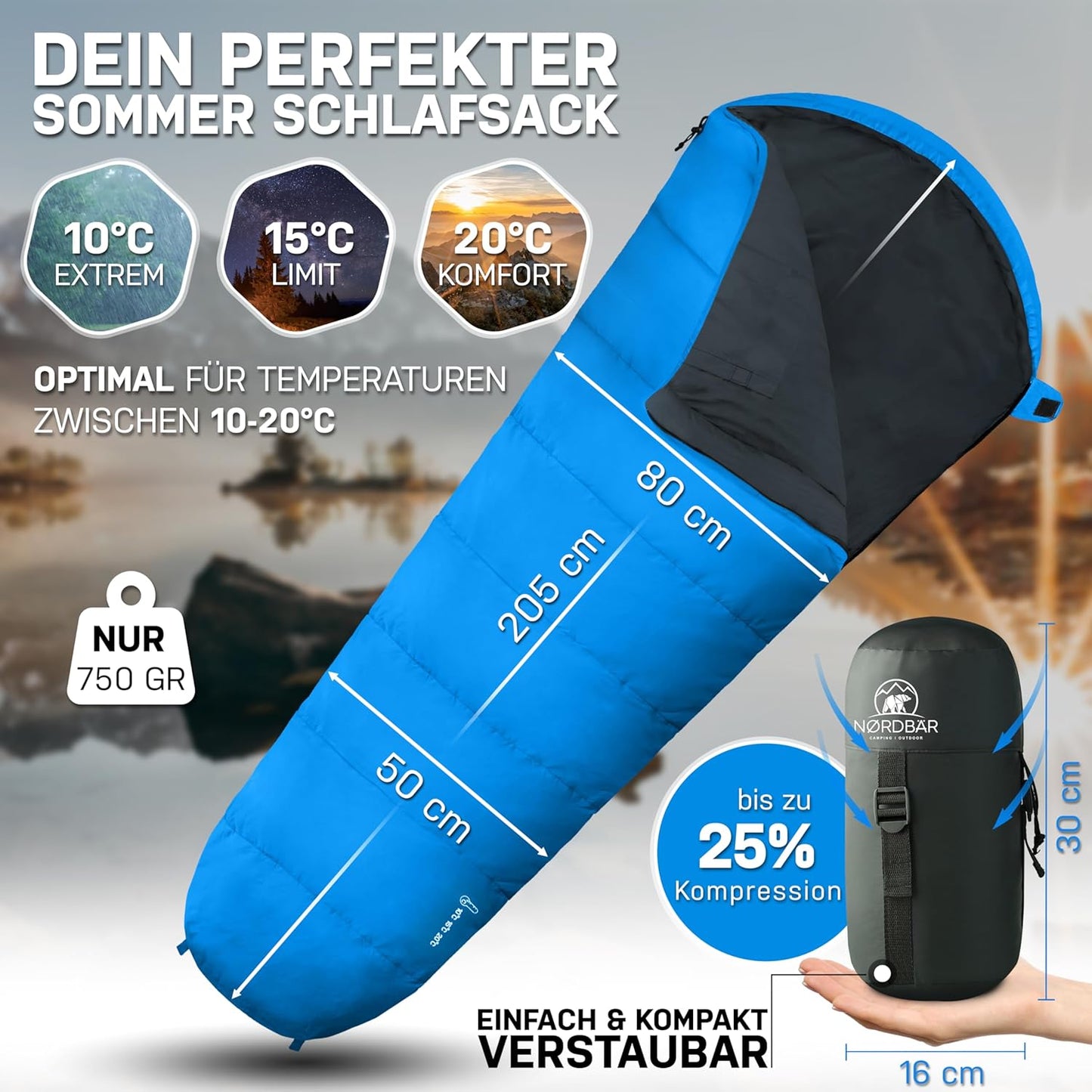 3-Jahreszeiten Mumienschlafsack, Hellblau Sommer - 750g