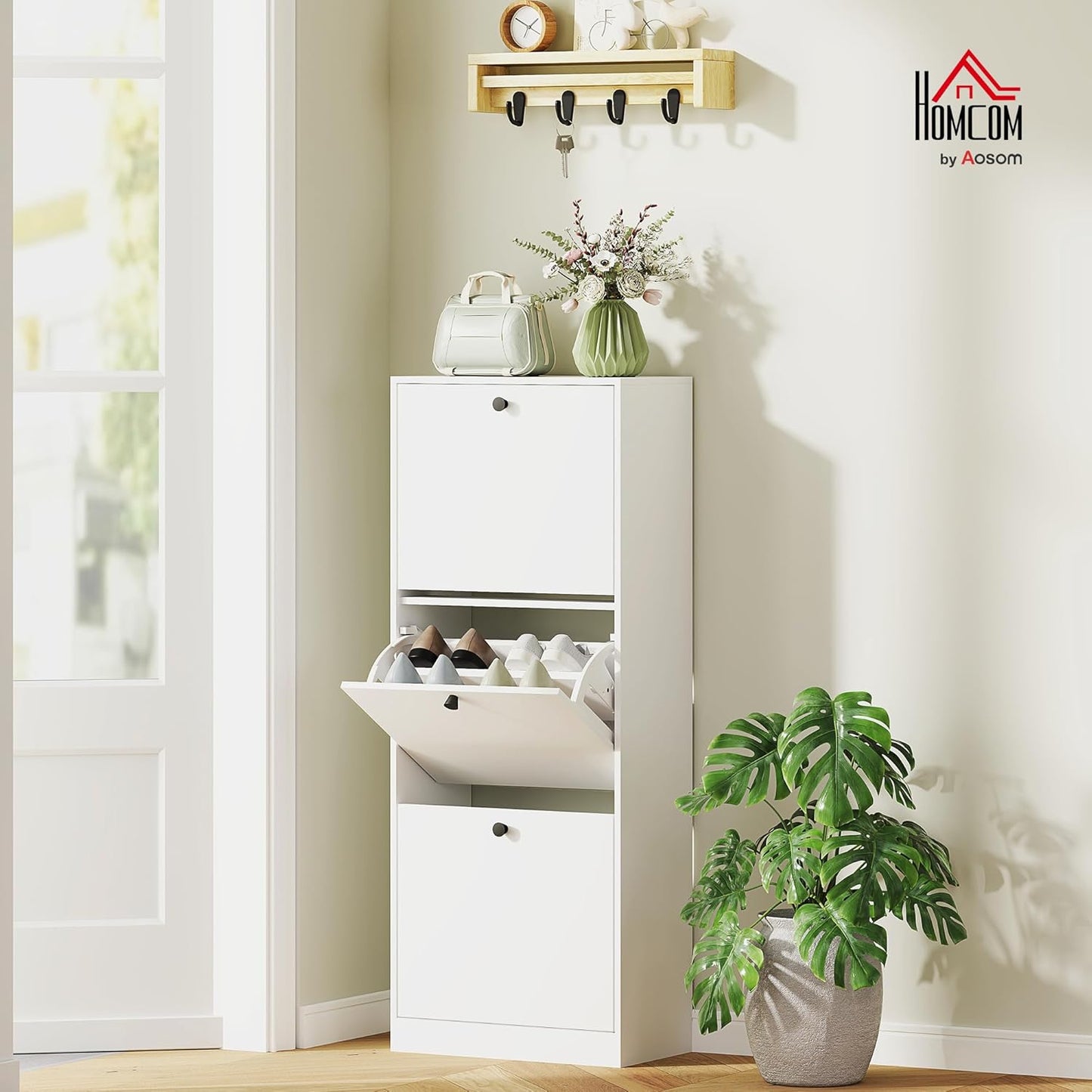 Schuhschrank mit 3 Klappen und verstellbaren Trennwänden, 47L x 26B x 120H cm