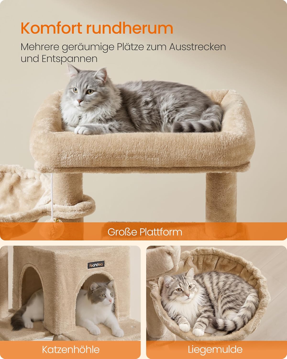 Katzenbaum mit Plattform und Höhle, kamelbraun