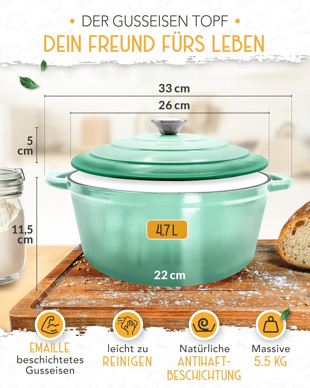 Brotbacktopf mit Deckel, backofengeeignet, Emaille Topf 4,7l - Mint - Einzeln