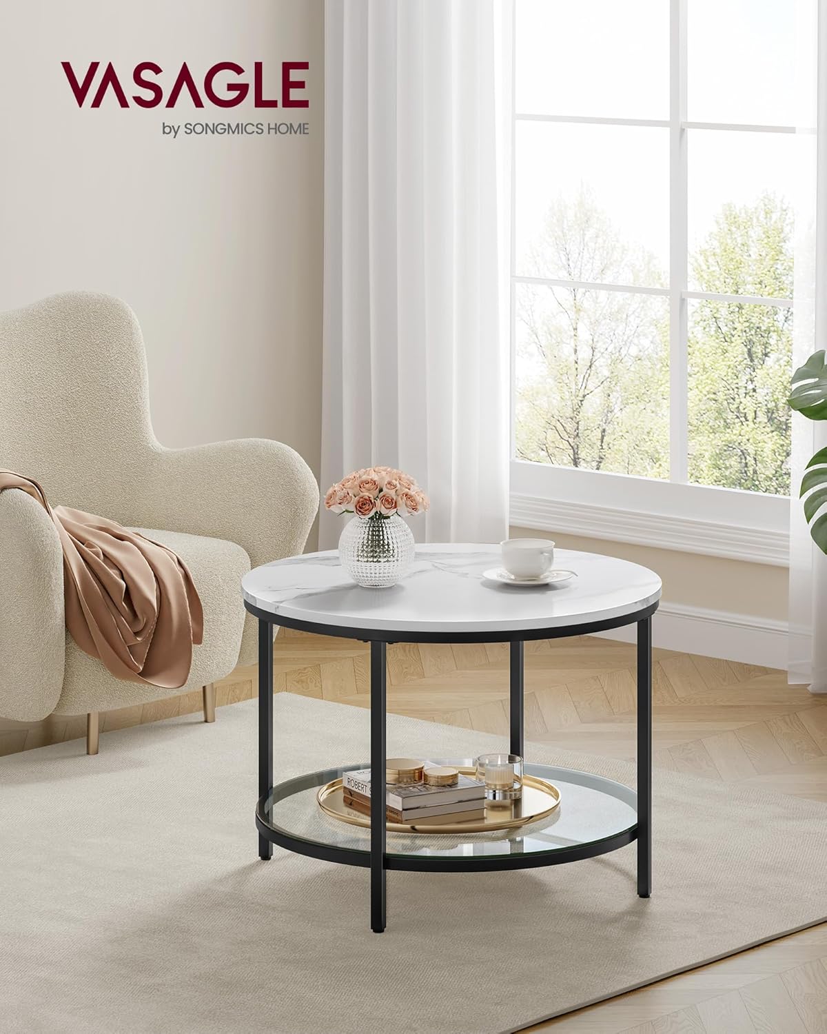 Moderner Couchtisch mit Glasplatte und Stauraum, 65d cm Marmorweiss + Tintenschwarz