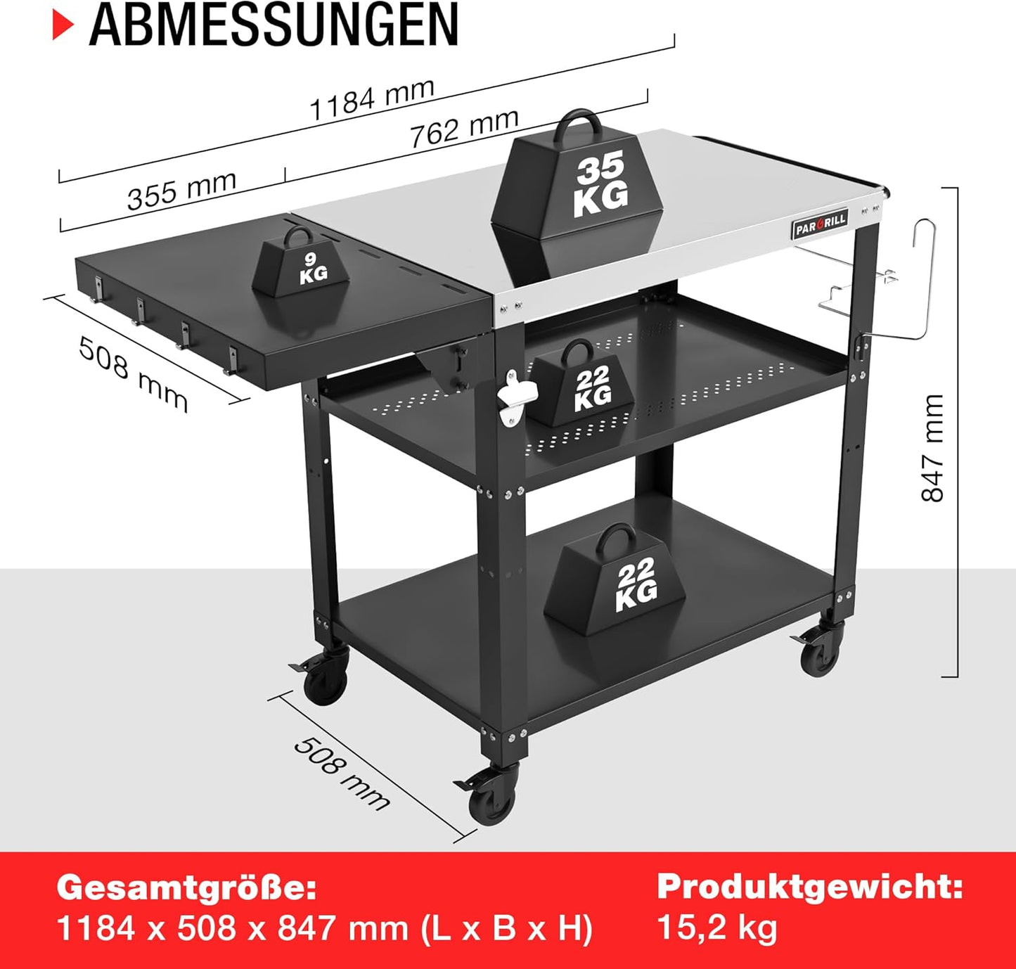 Grillwagen mit klappbarem Beistelltisch und Rollen