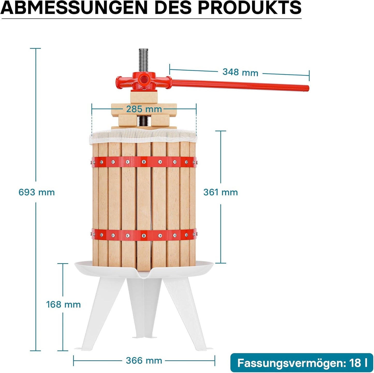 18L Obstpresse aus Buchenholz, 18 l + 1 Presstuch Manuell