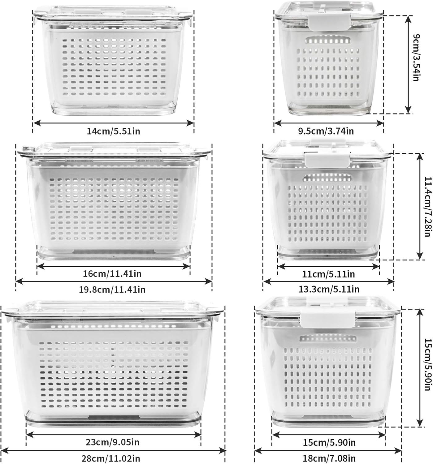 Frischhaltedosen Kühlschrank-Organizer Set, Weiß,3er Set,0.5L+1.7L+4.5L