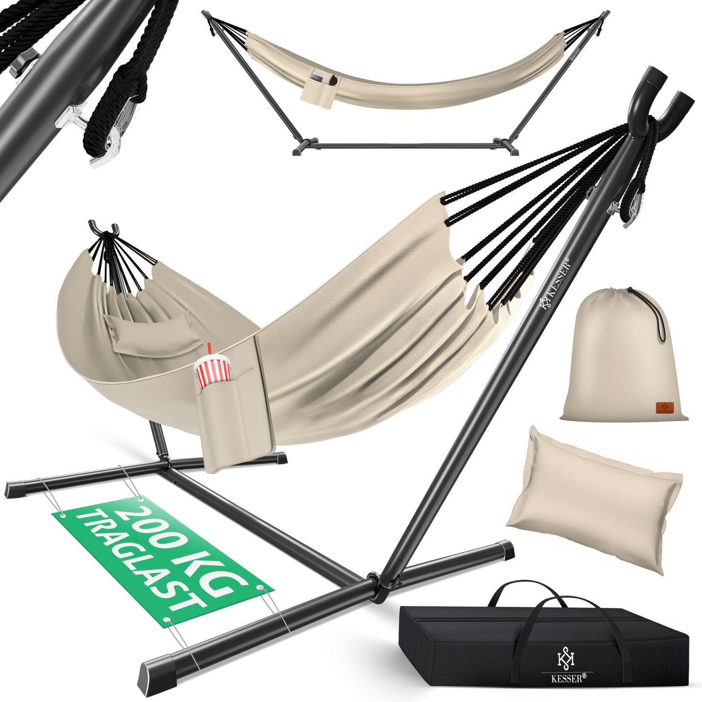 XXL Hängematte mit Gestell Lake, für 2 Personen, Beige