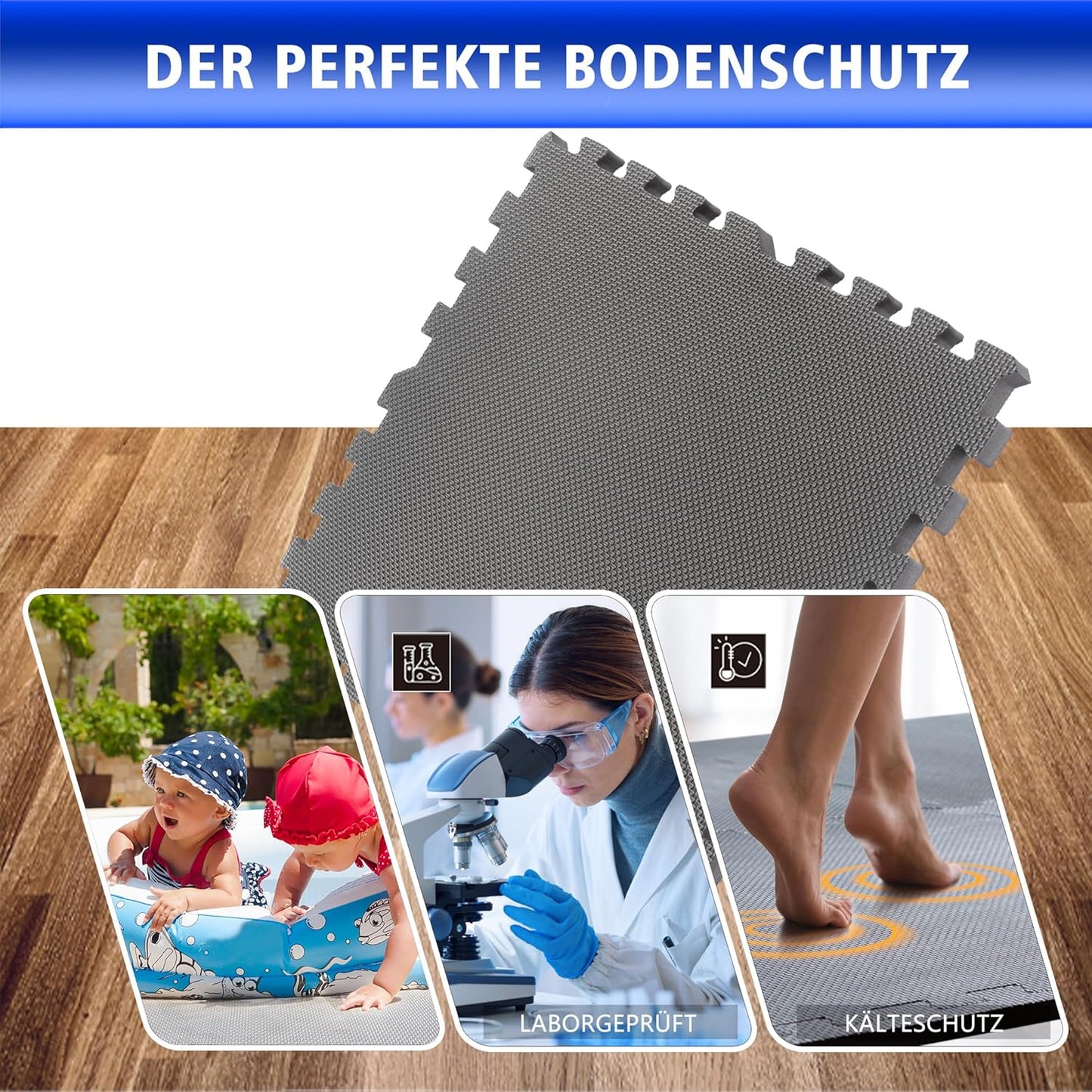 Bodenschutzmatte für Fitness & Heimtraining, 12 Stück = 4.32 M² - Grau