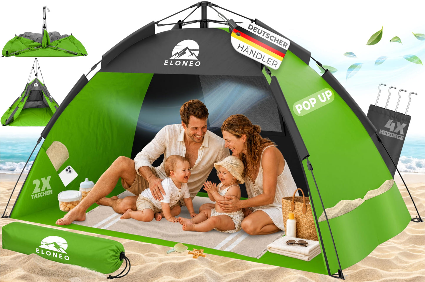 Pop Up Strandmuschel UV Schutz 50+, Grün 190 x 100 x 110 cm