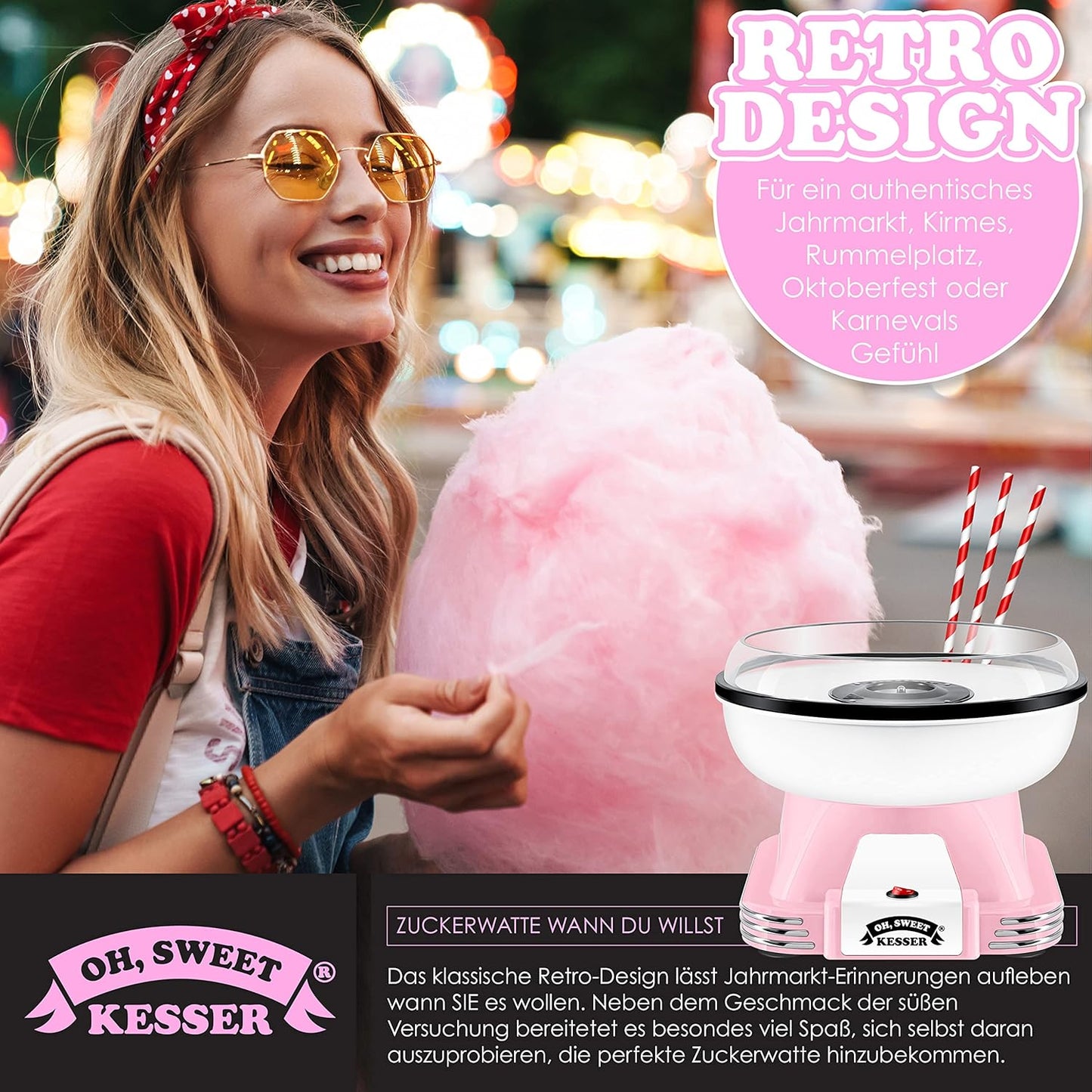 Zuckerwattemaschine Set mit Zubehör, Rosa / Weiß