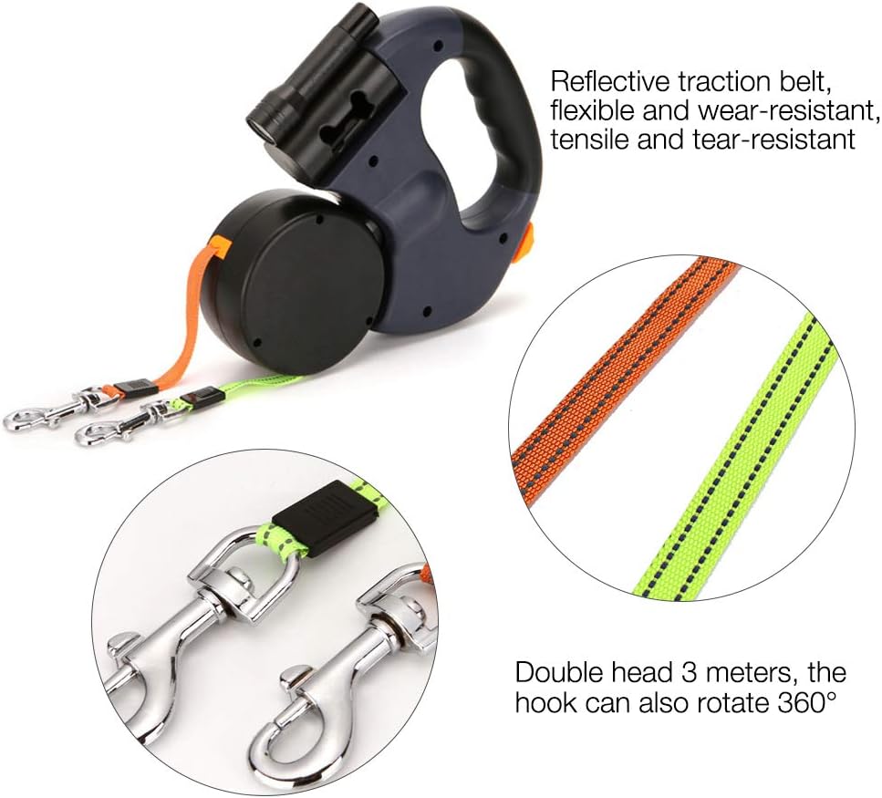 Doppelt einziehbare Hundeleine, 3m, mit LED Licht, für 2 Hunde