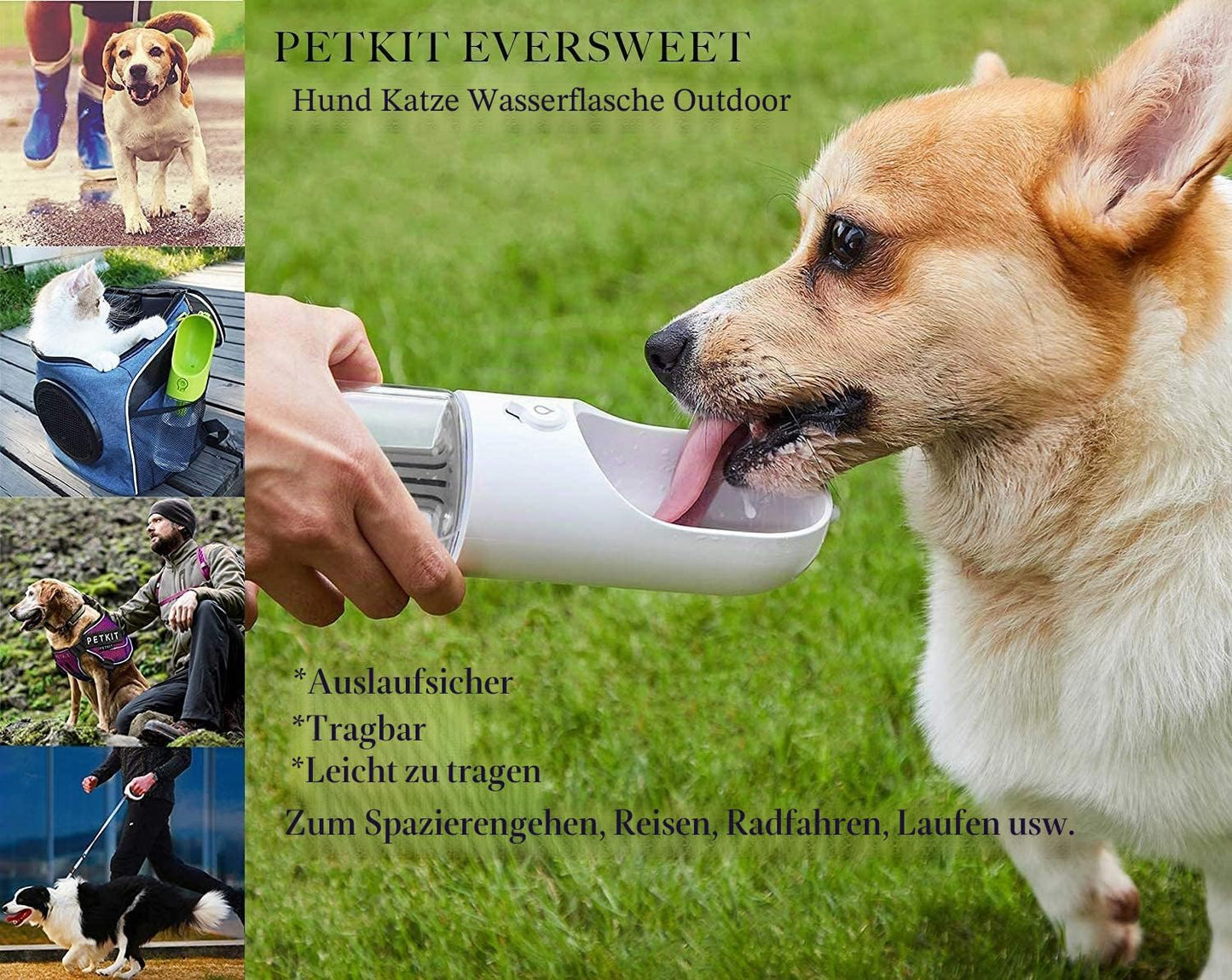 Eversweet Trinkflasche für Hunde, 400 ml, Aktivkohlefilter, Weiss