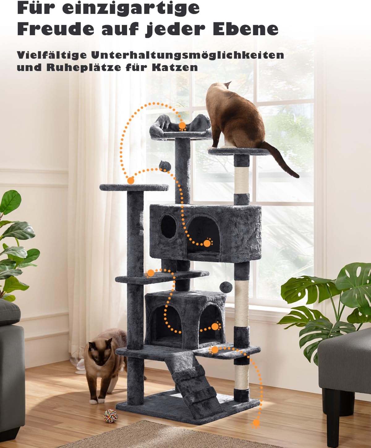 Kratzbaum mit Plattformen und Höhlen, Dunkelgrau 49 x 49 x 139 cm
