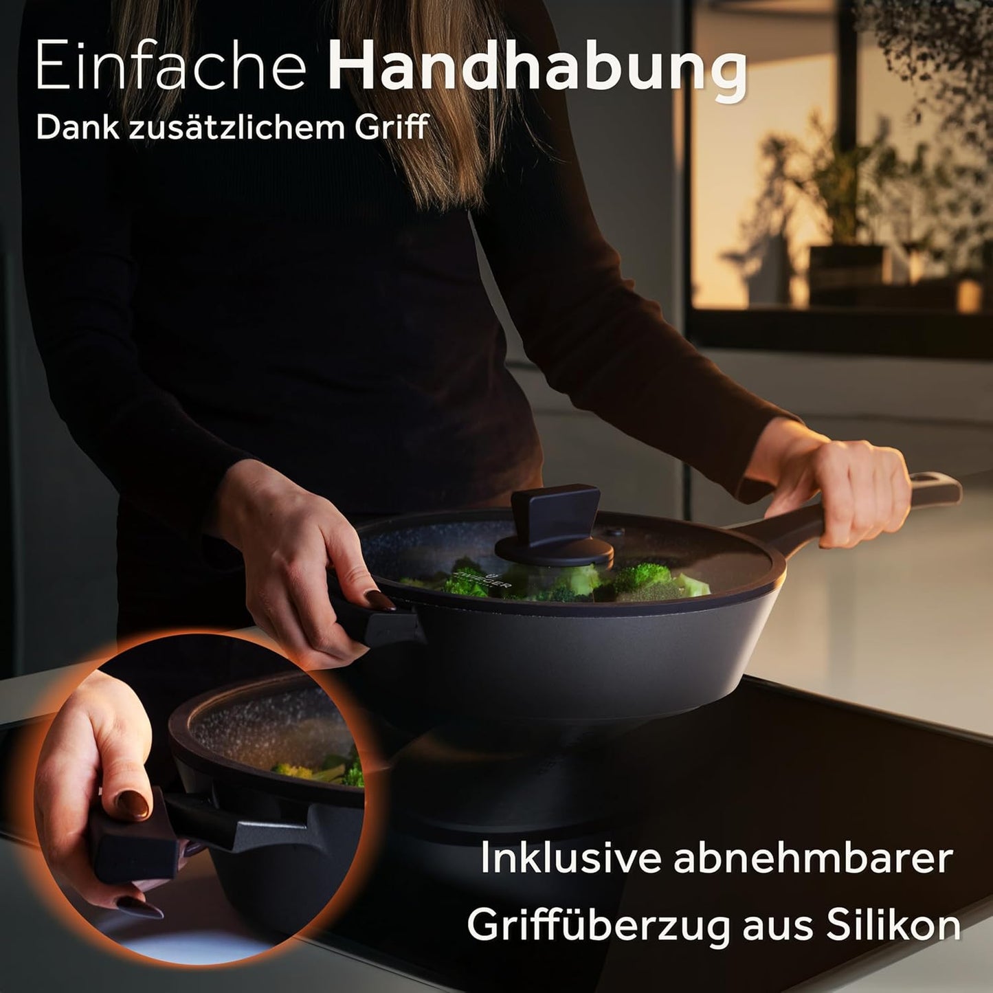 Schmorpfanne 28 cm, Schwarz/Granit 28 cm tief + Deckel