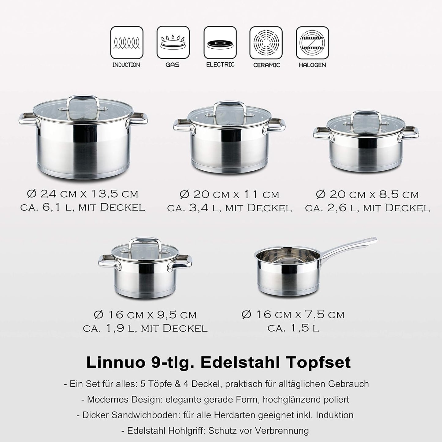 Induktionsgeeignetes Kochtopf-Set aus Edelstahl (9-teilig)