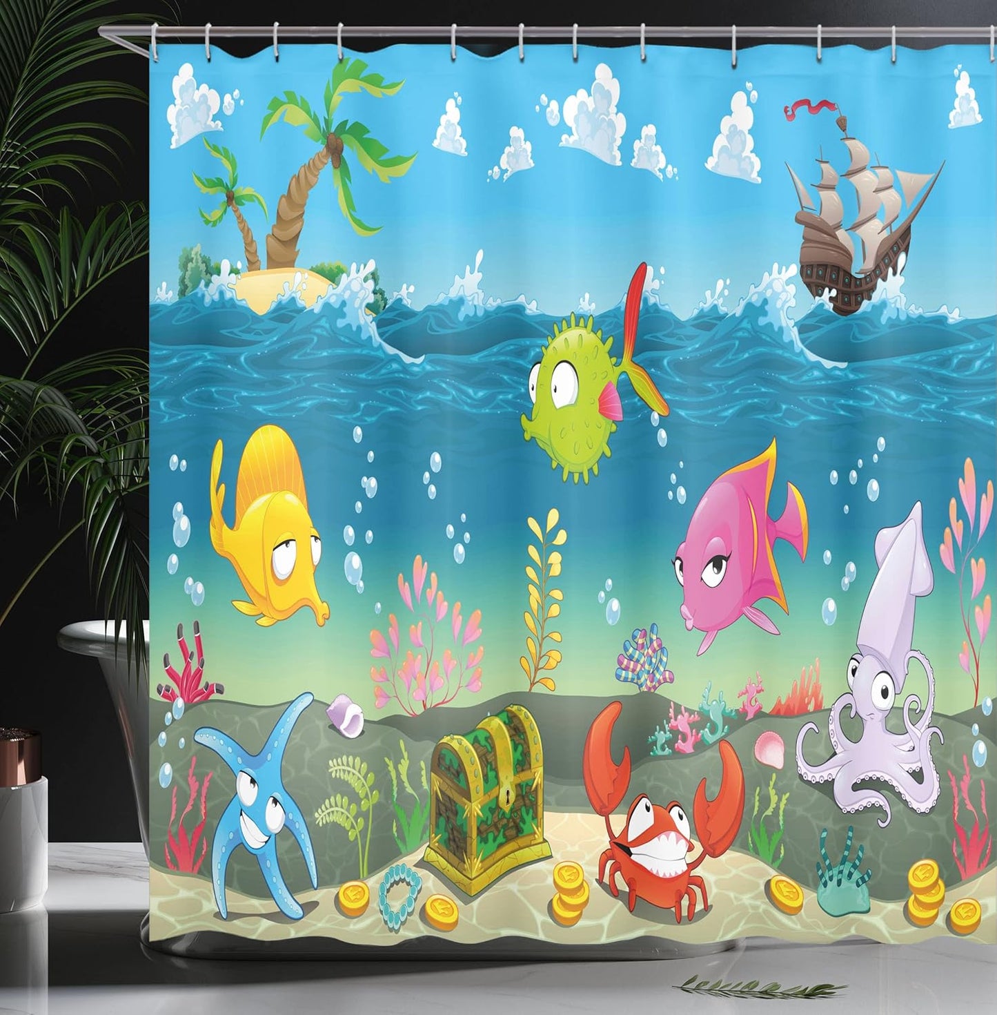 Cartoon Duschvorhang mit Meerestiere Unterwasser Motiven, H240 x B175 cm (1er Pack) Aqua Rosa