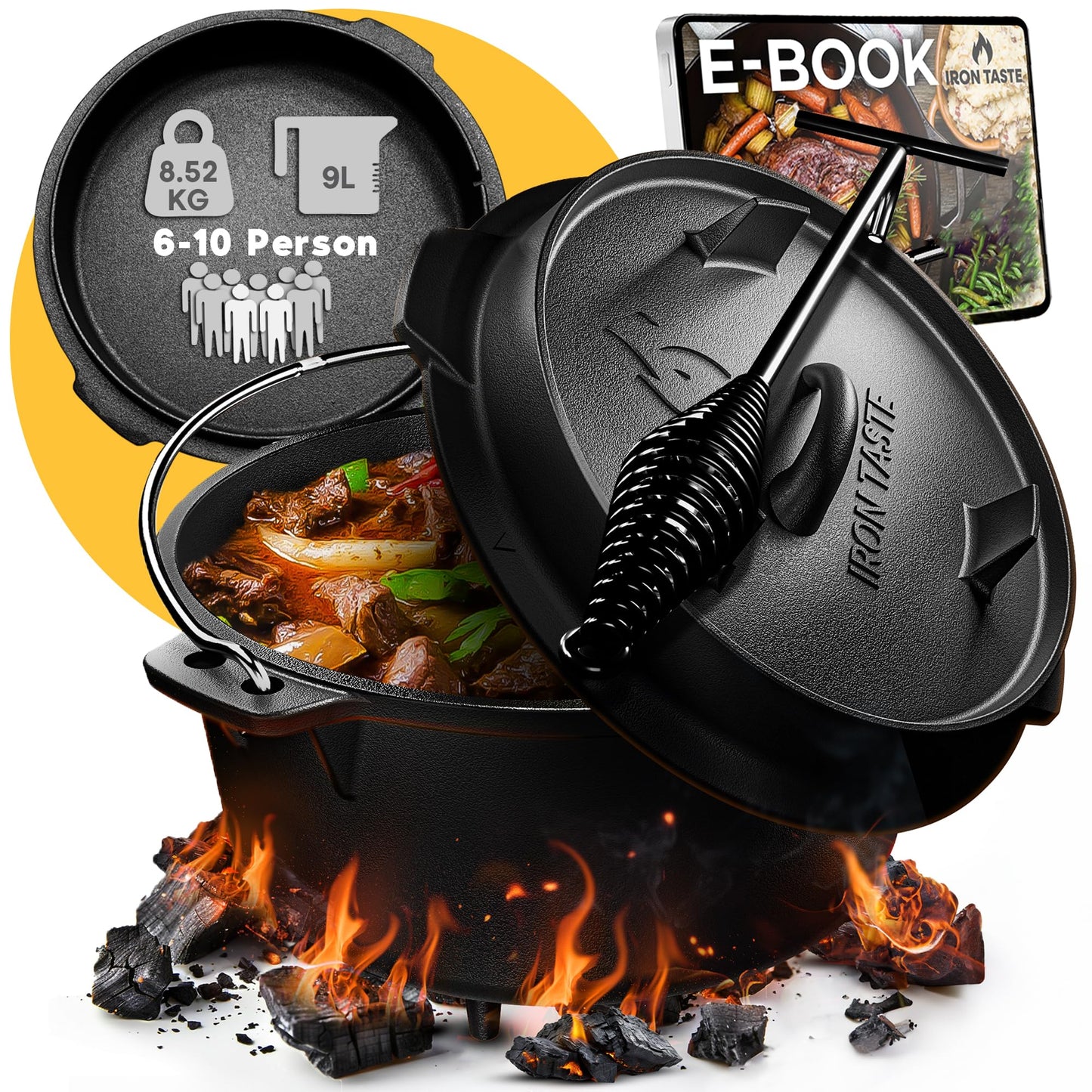 Gusseiserner Dutch Oven 9L mit Füssen & Deckelheber, mit Füssen 9 Liter