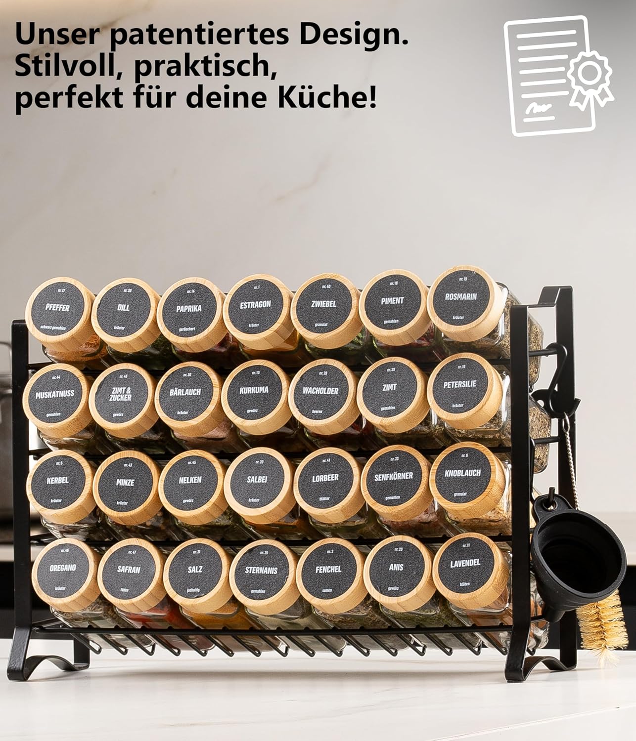 Gewürzregal mit Gewürzgläsern, Schwarz, Deckel Bambus