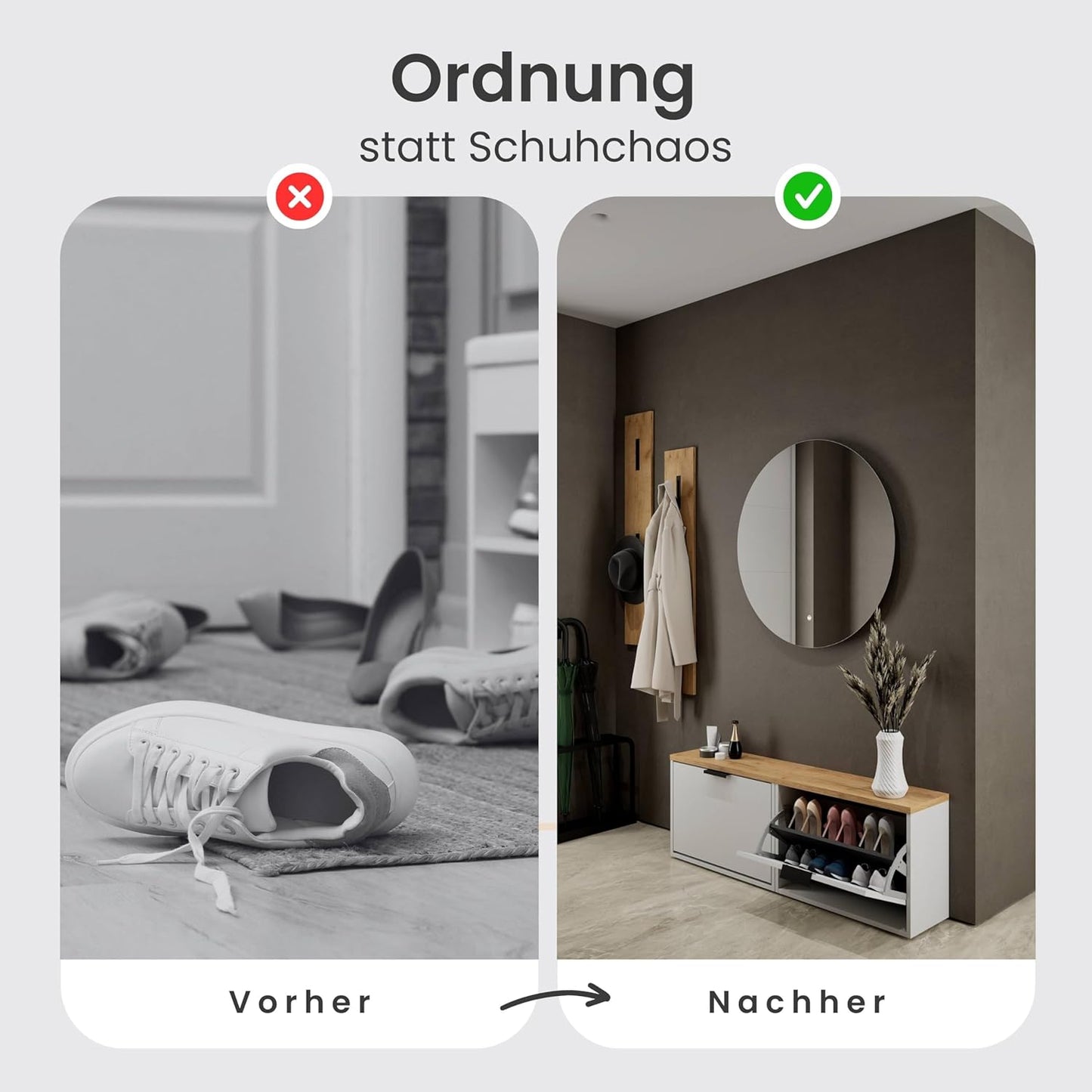 Schmaler Schuhschrank mit Klappen (2er-Set), 2x 1 Klappe Weiss-grau