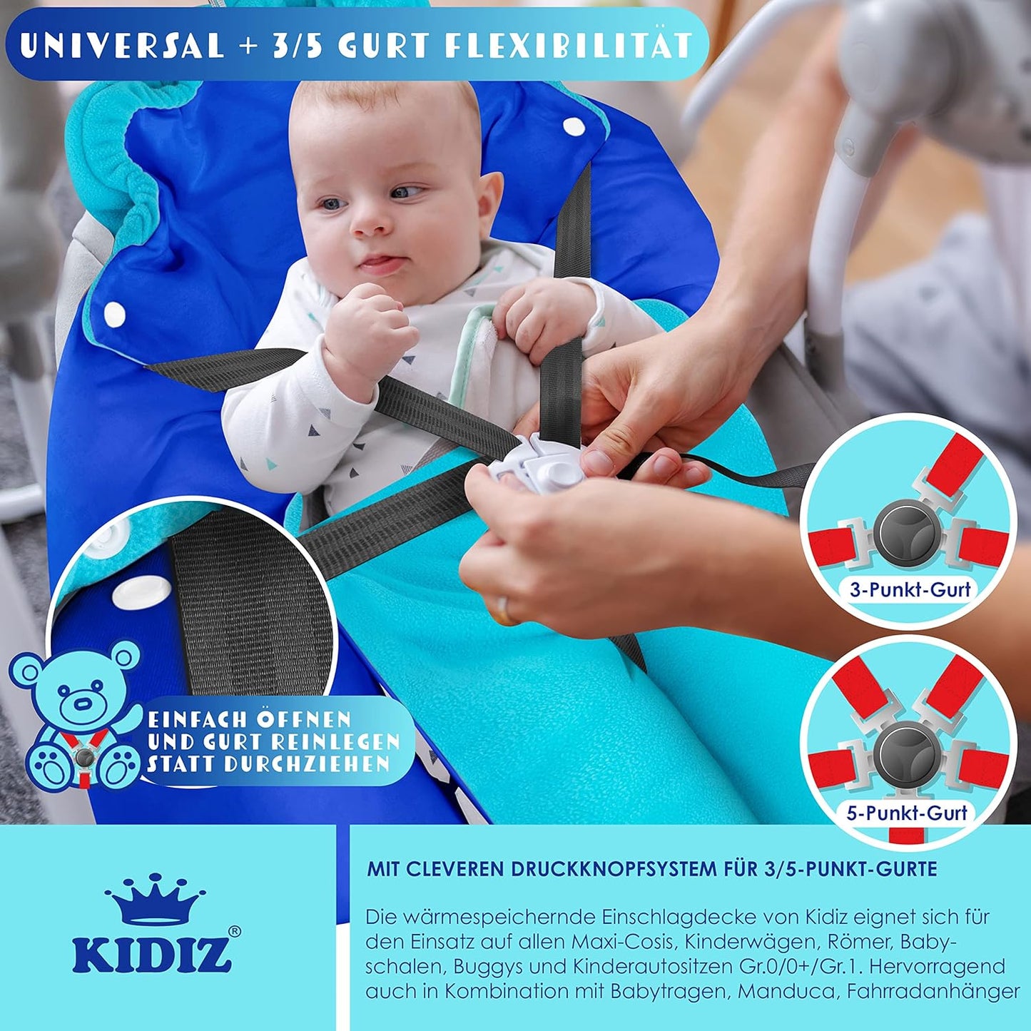 Einschlagdecke für Babyschale & Kinderwagen, Aqua / Marineblau