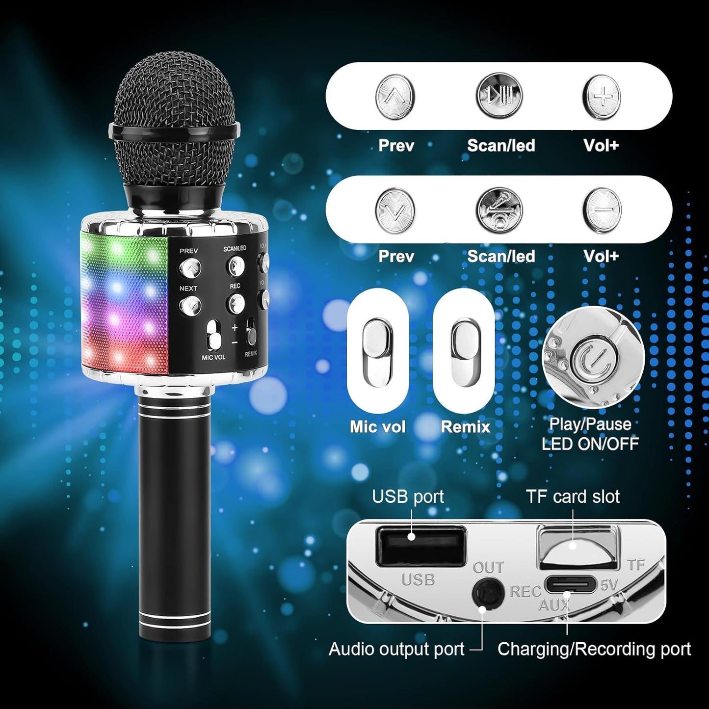 Bluetooth-Karaoke-Mikrofon für Kinder, black