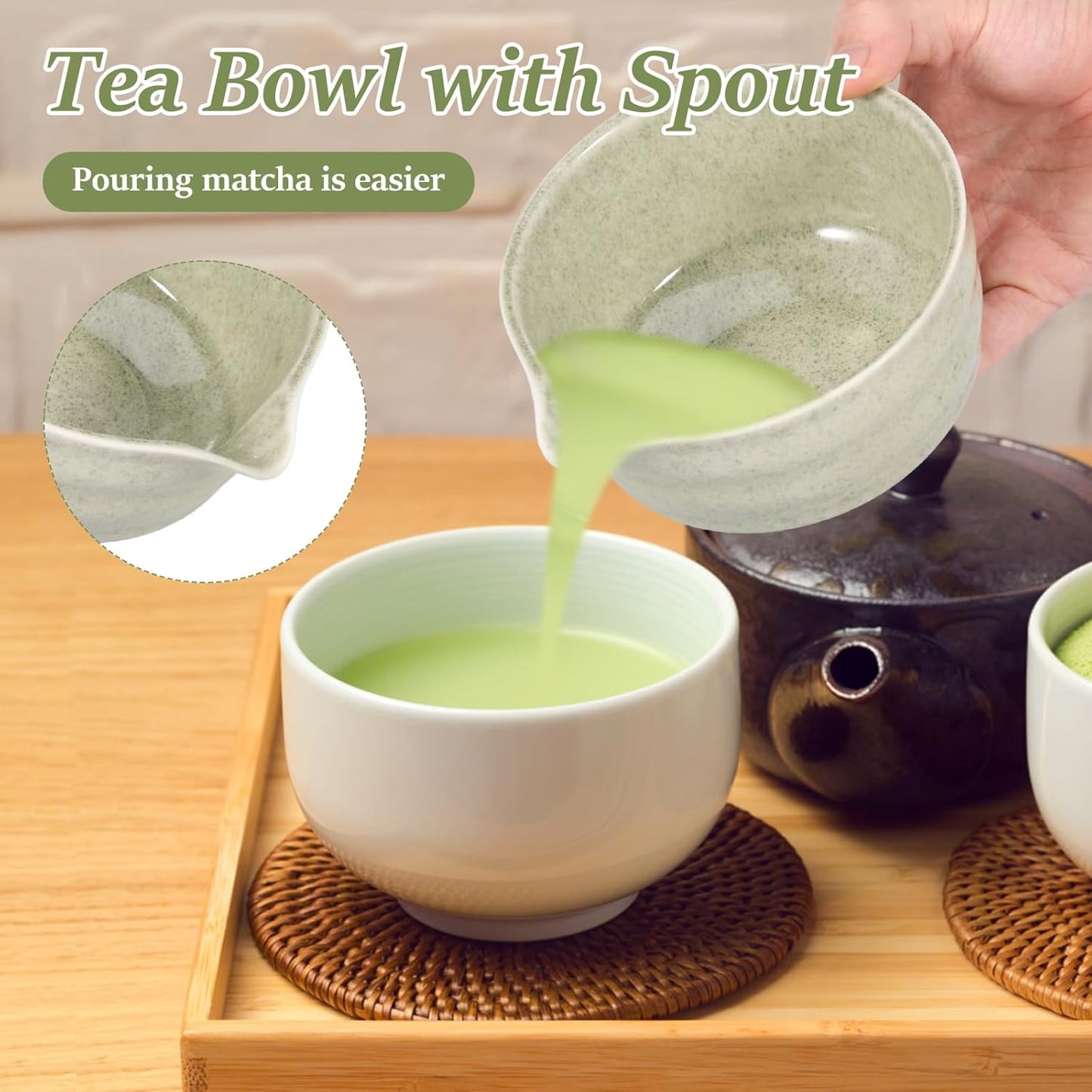 Matcha Teeschalen-Set mit Schneebesenhalter, Matcha Grün