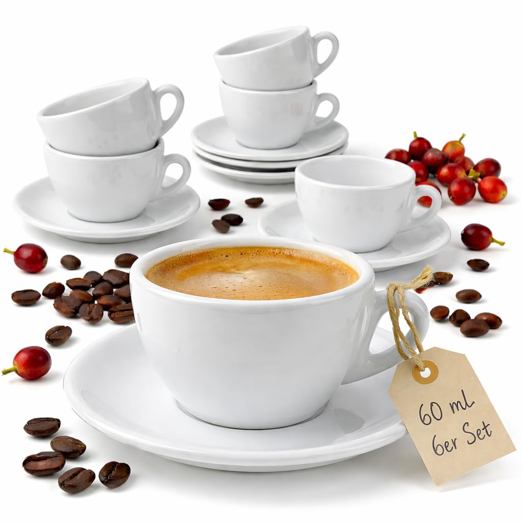 6er-Set Espressotassen mit Untertassen, Weiss 60 ml