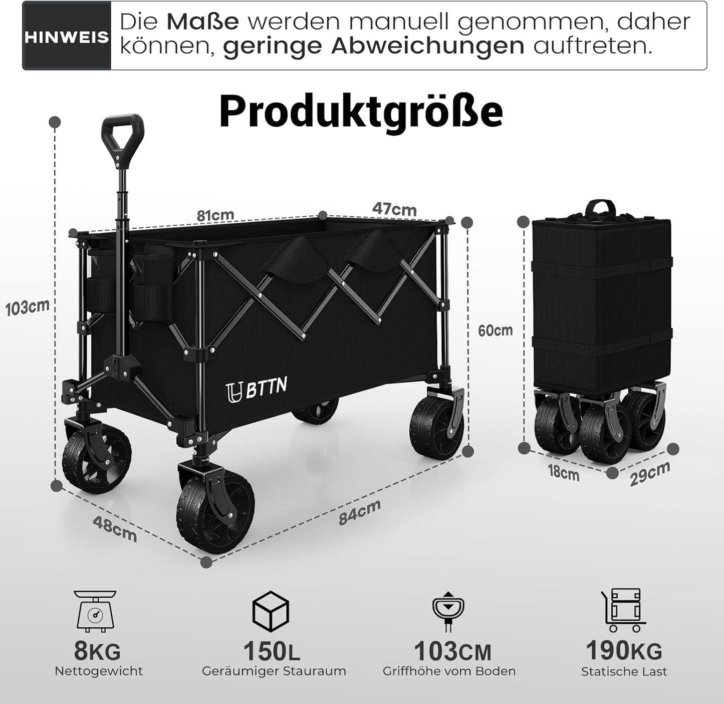 Faltbarer Bollerwagen mit Geländerädern, Schwarz