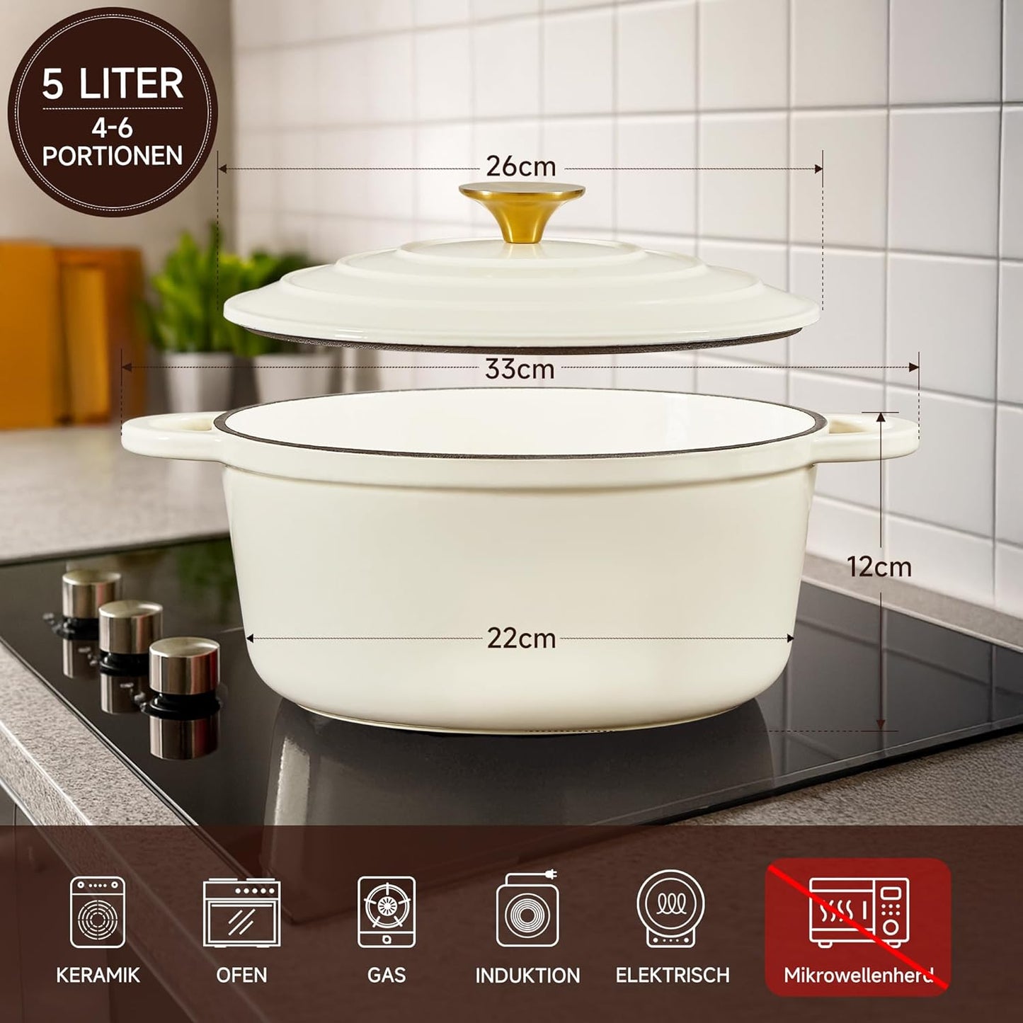 Schmortopf mit Deckel & Topflappen, 26cm/5L Cremeweiß