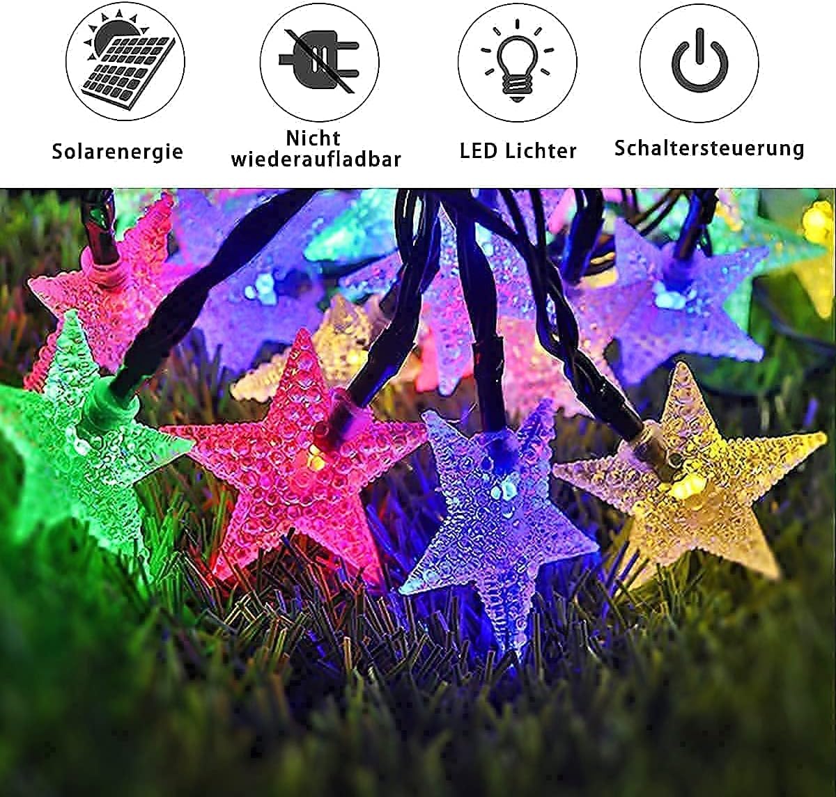 Sternenförmige Solar LED Lichterkette, wetterfest, Bunt (1,19 €/M)
