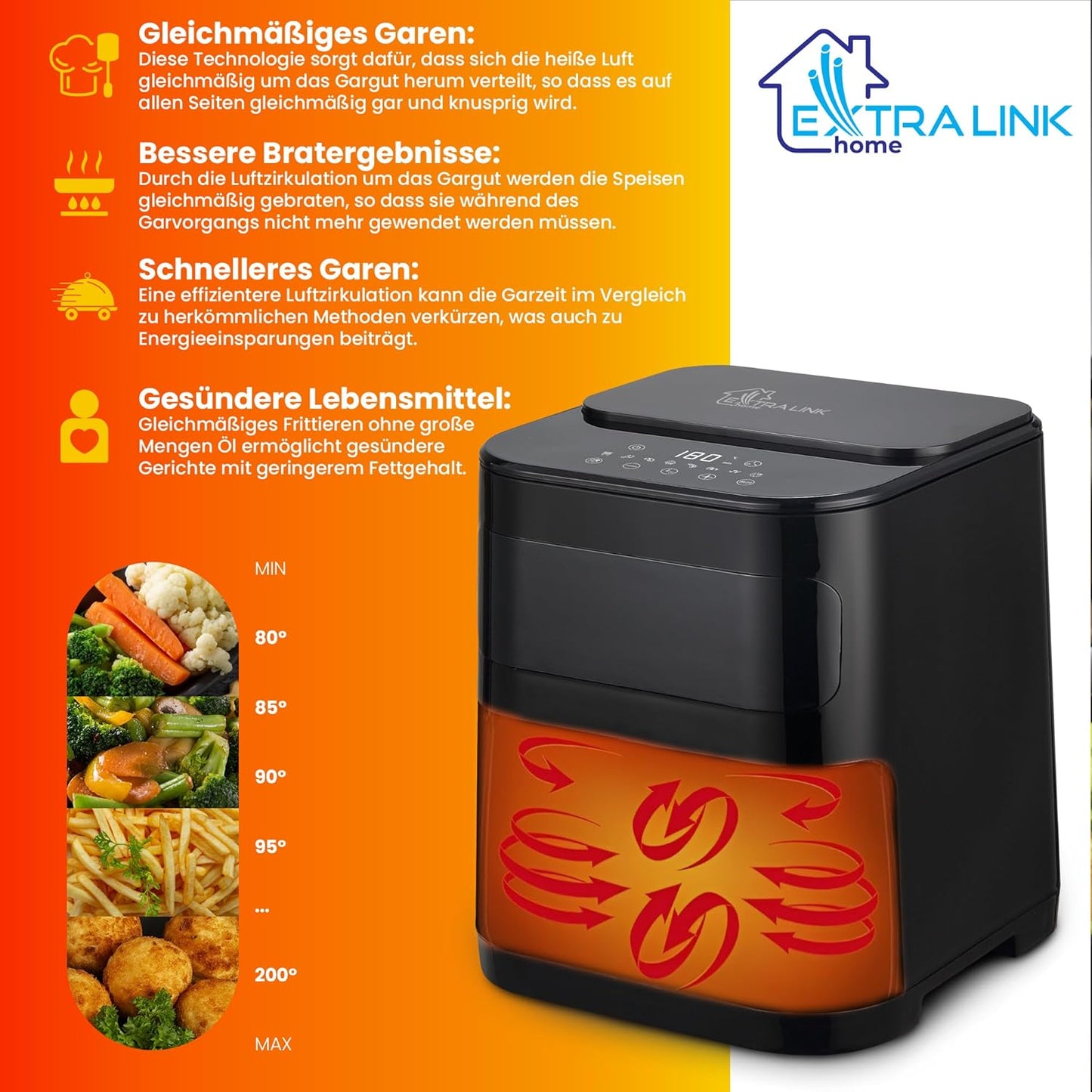 Heissluftfritteuse mit 8 Funktionen, 5.2 LITER