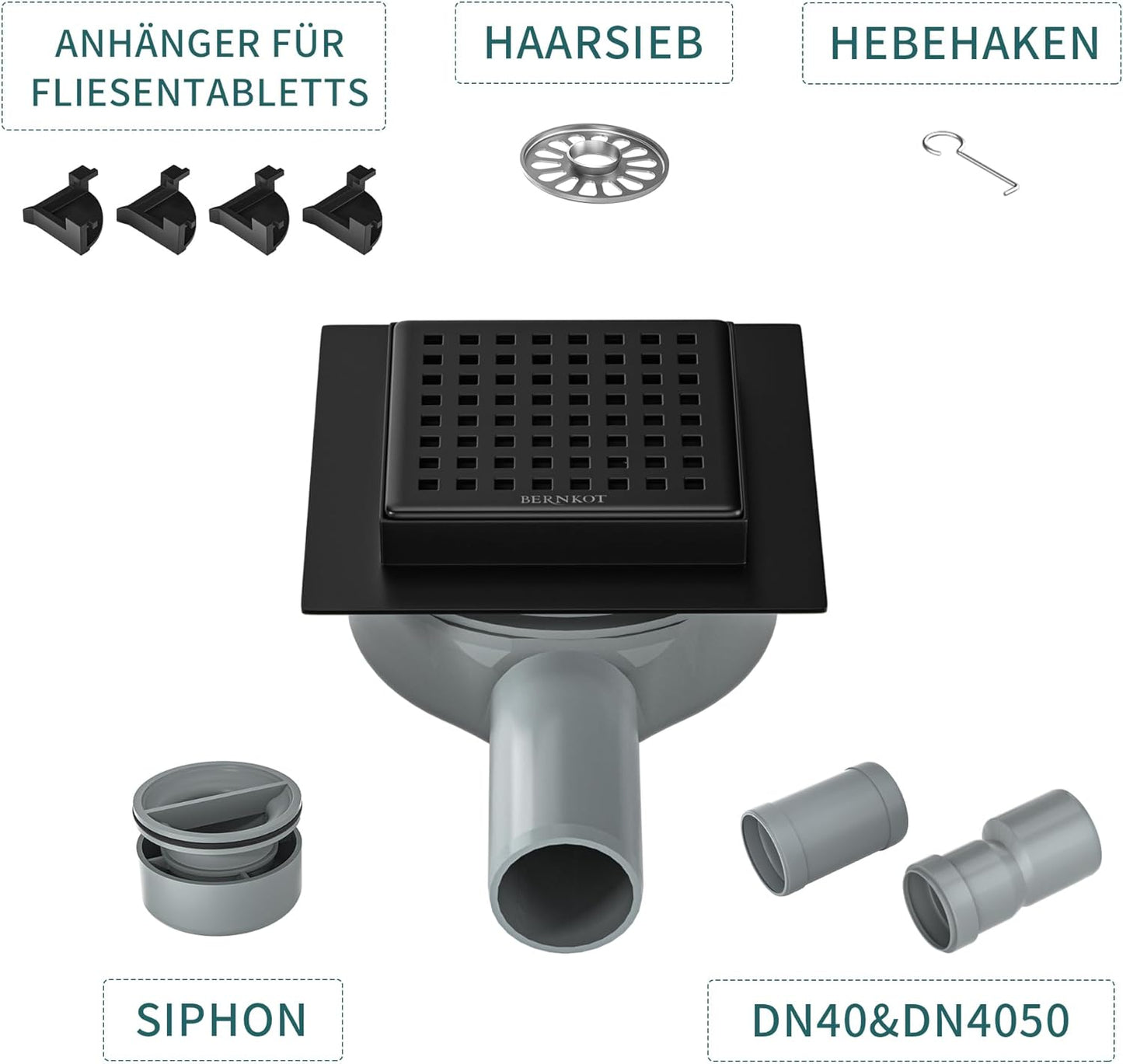 Quadratische Duschrinne mit Siphon und Geruchsstop, Schwarz 10cm