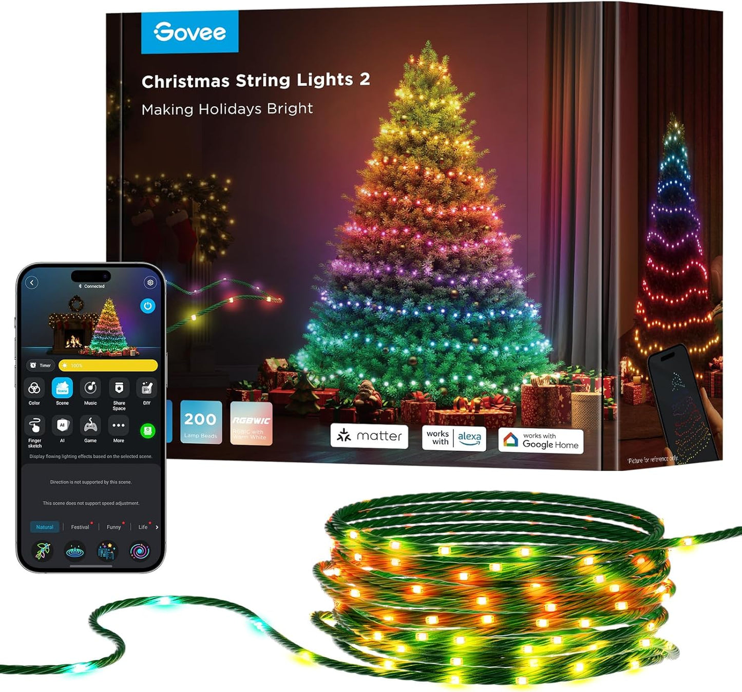 LED Weihnachtslichterkette, Alexa-kompatibel, Google-kompatibel, 200 LEds, 20M