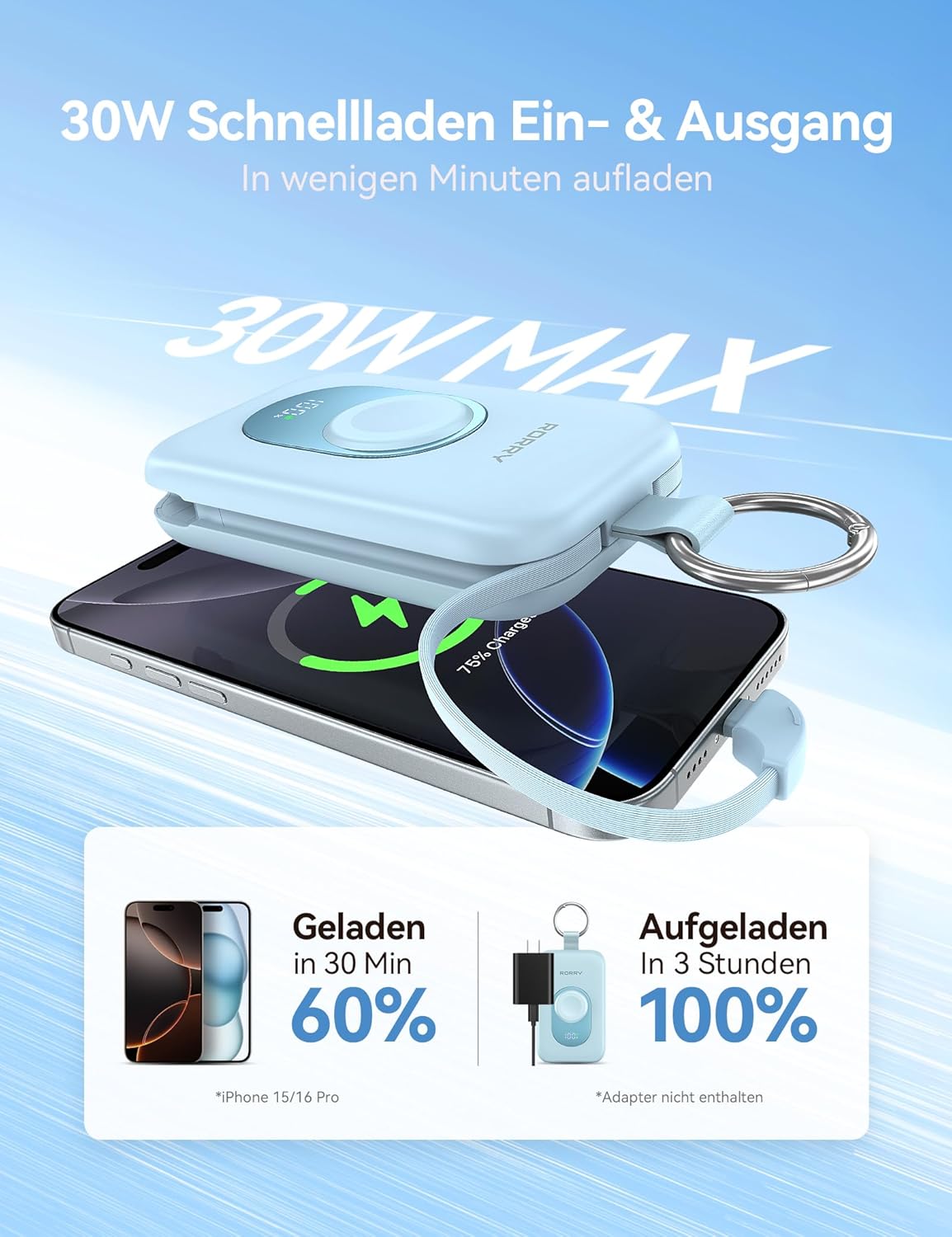 Powerbank mit Schnellladefunktion, Blau