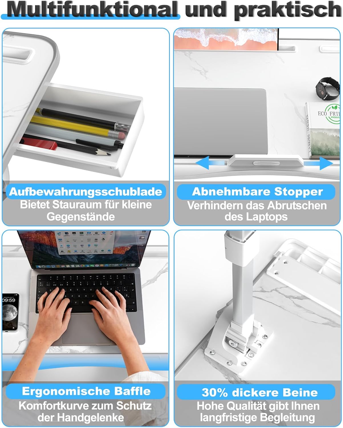 Verstellbarer Betttisch für Laptop und Lesen, Weißer Marmor